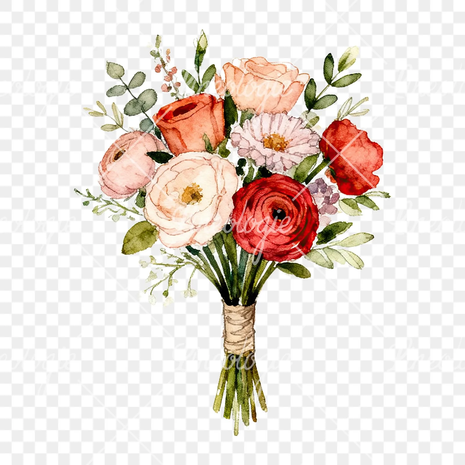 Watercolor blue accent wedding bouquet clipart 3 of 9 on a transparent background (PNG)