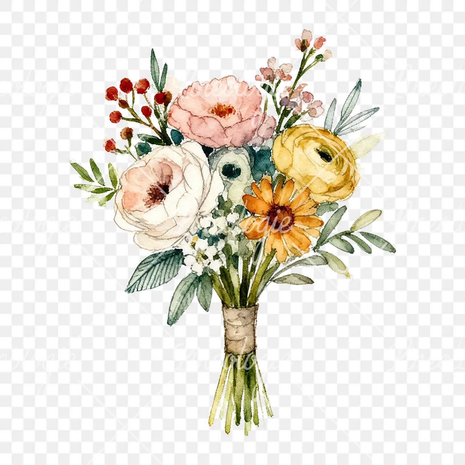 Watercolor blue accent wedding bouquet clipart 4 of 9 on a transparent background (PNG)