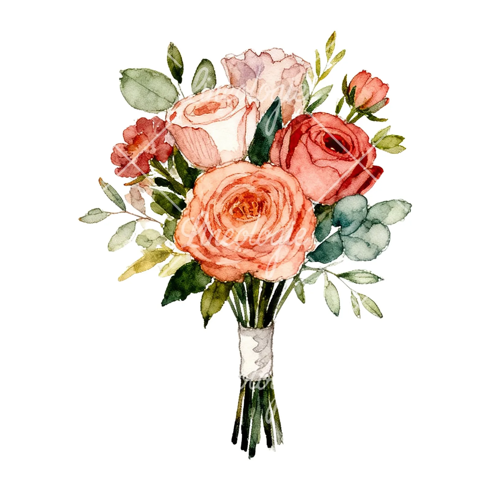 Watercolor blue accent wedding bouquet clipart 5 of 9 on a white background (JPG)