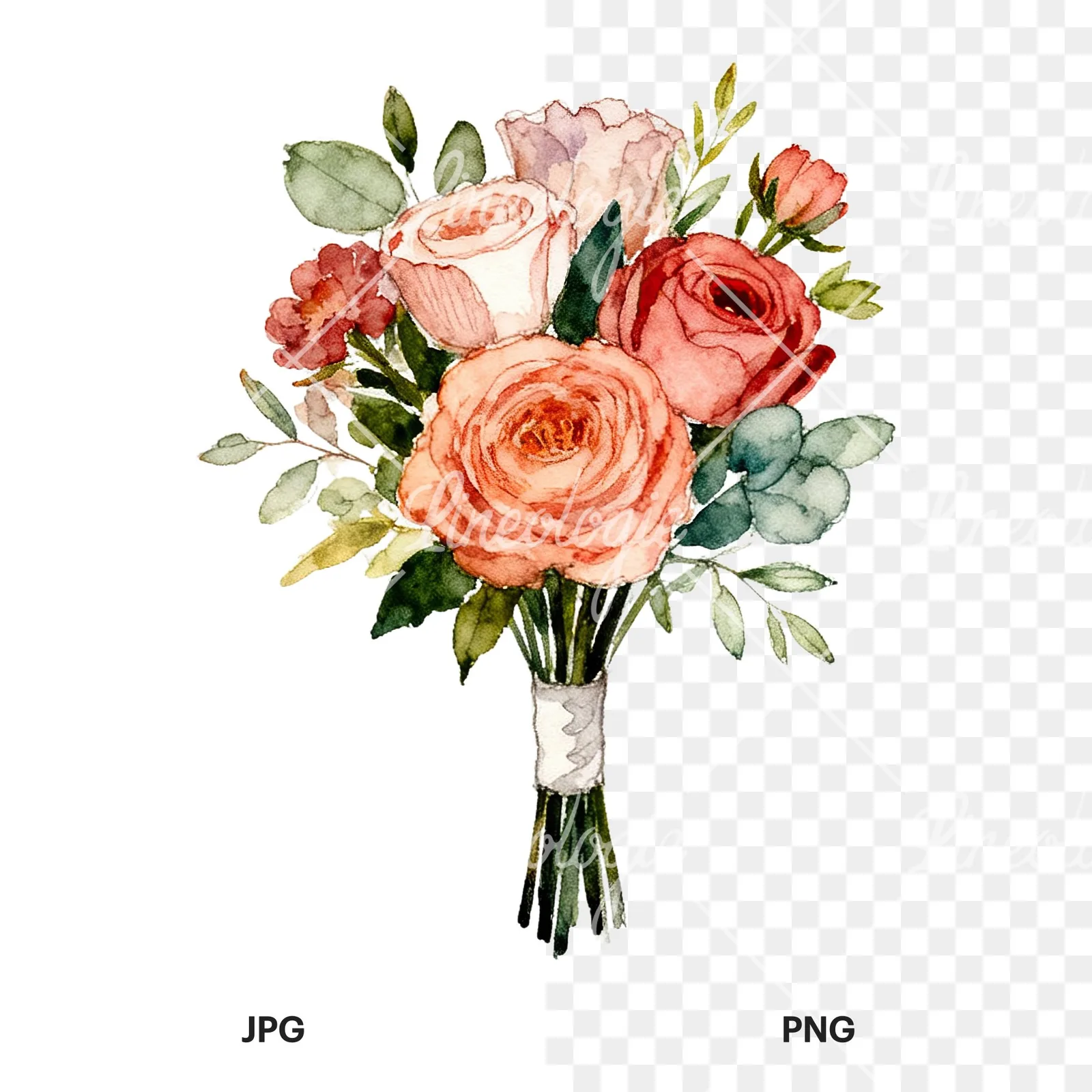 Watercolor blue accent wedding bouquet clipart 5 of 9, as a JPG on white and a transparent PNG