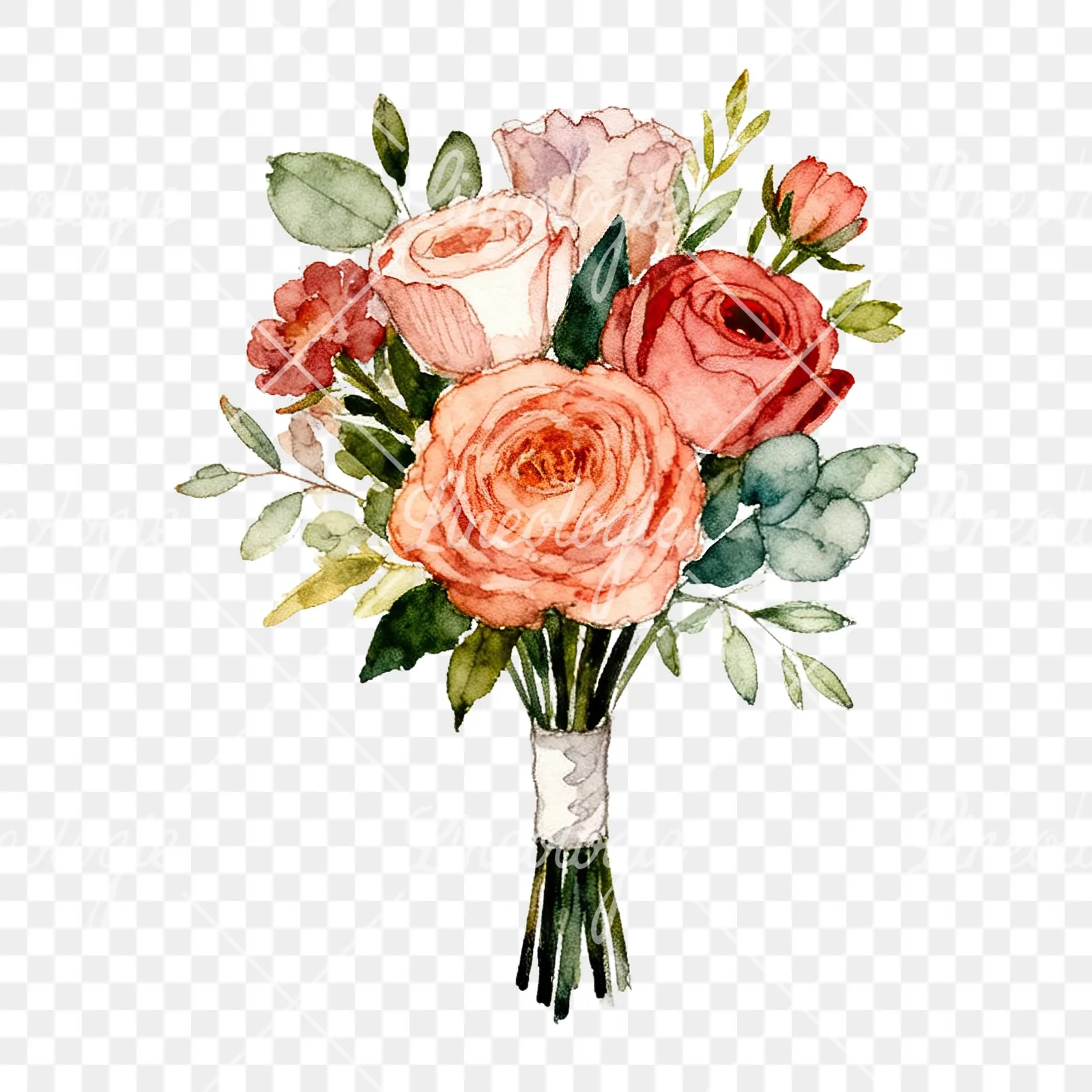 Watercolor blue accent wedding bouquet clipart 5 of 9 on a transparent background (PNG)