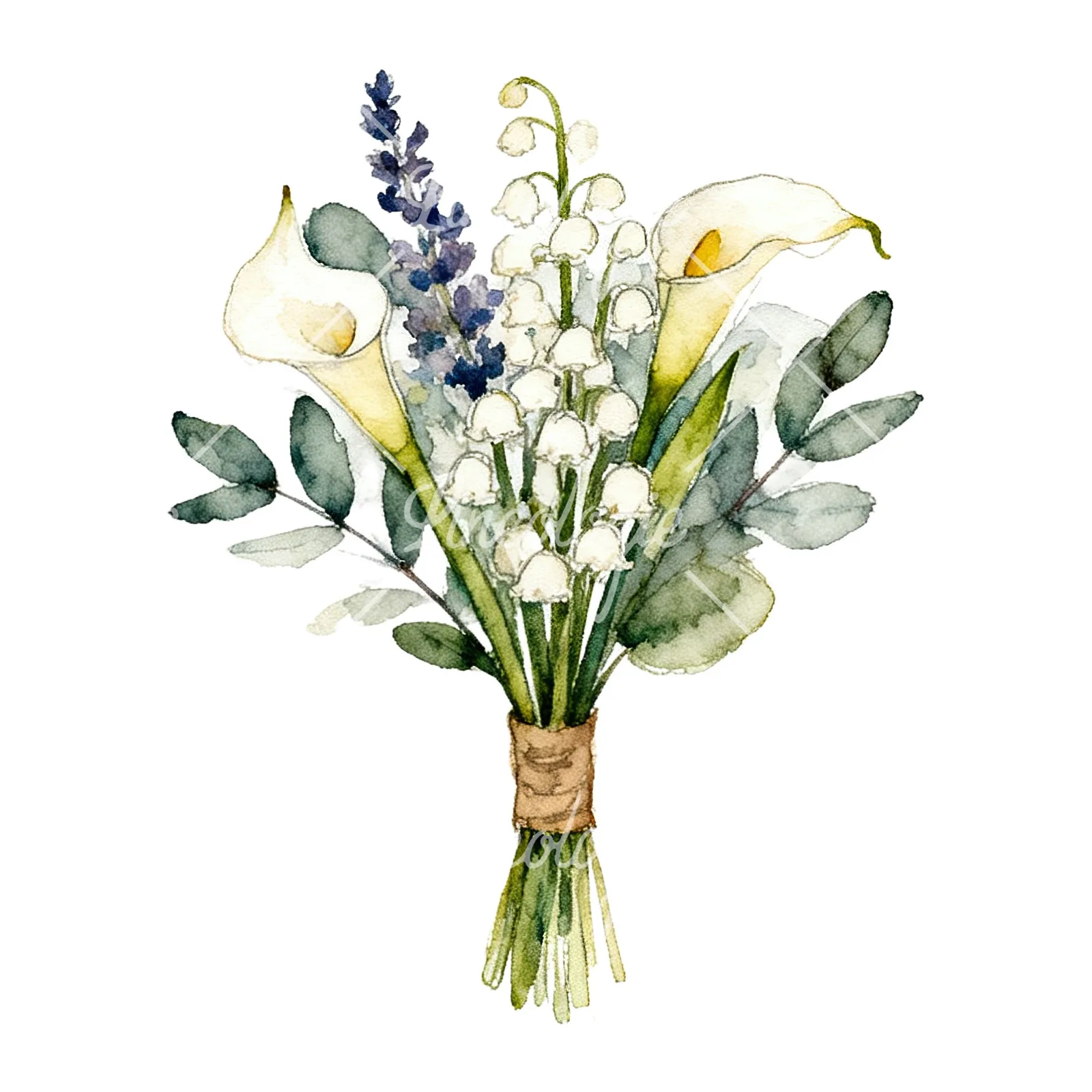 Watercolor blue accent wedding bouquet clipart 6 of 9 on a white background (JPG)