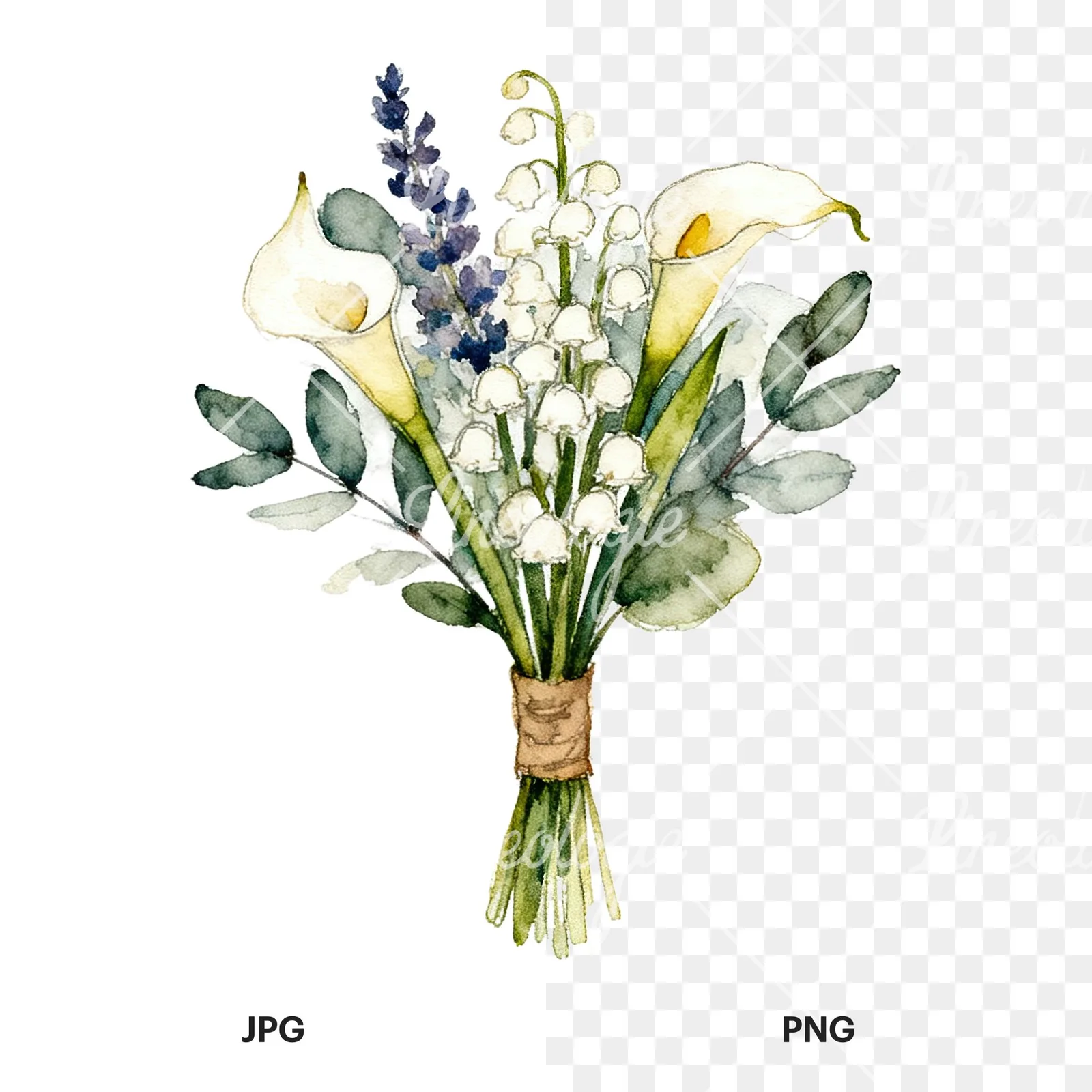 Watercolor blue accent wedding bouquet clipart 6 of 9, as a JPG on white and a transparent PNG