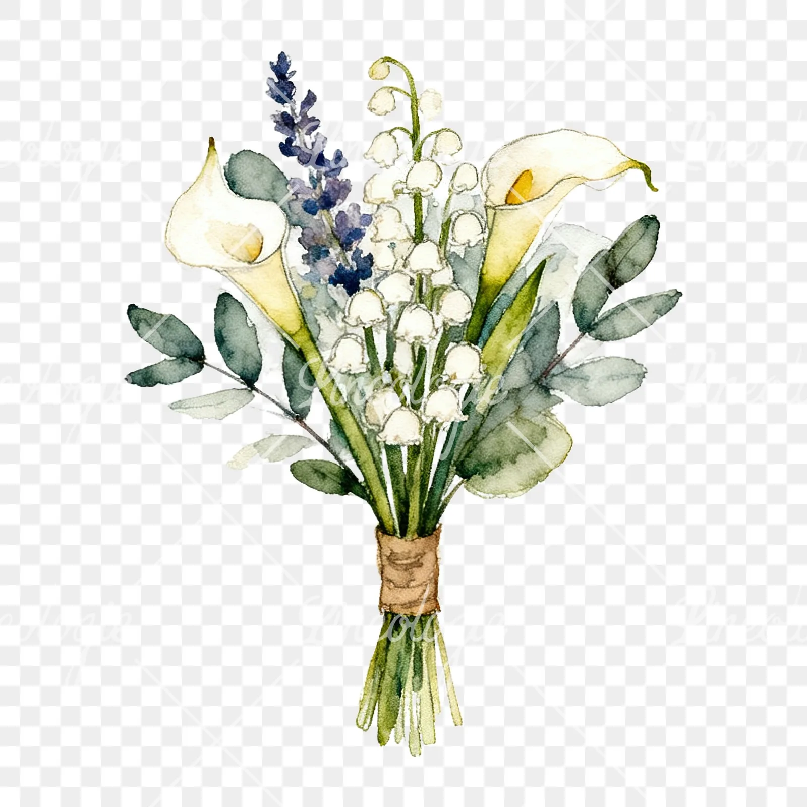 Watercolor blue accent wedding bouquet clipart 6 of 9 on a transparent background (PNG)