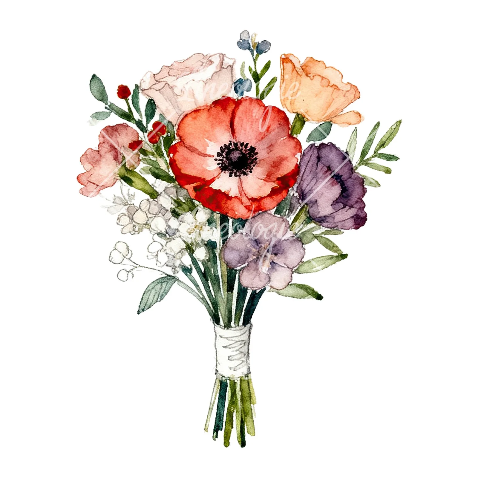 Watercolor blue accent wedding bouquet clipart 7 of 9 on a white background (JPG)