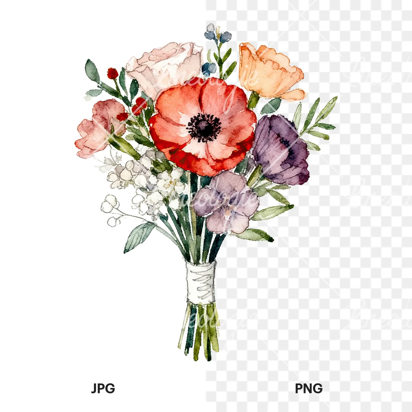 Watercolor blue accent wedding bouquet clipart 7 of 9, as a JPG on white and a transparent PNG