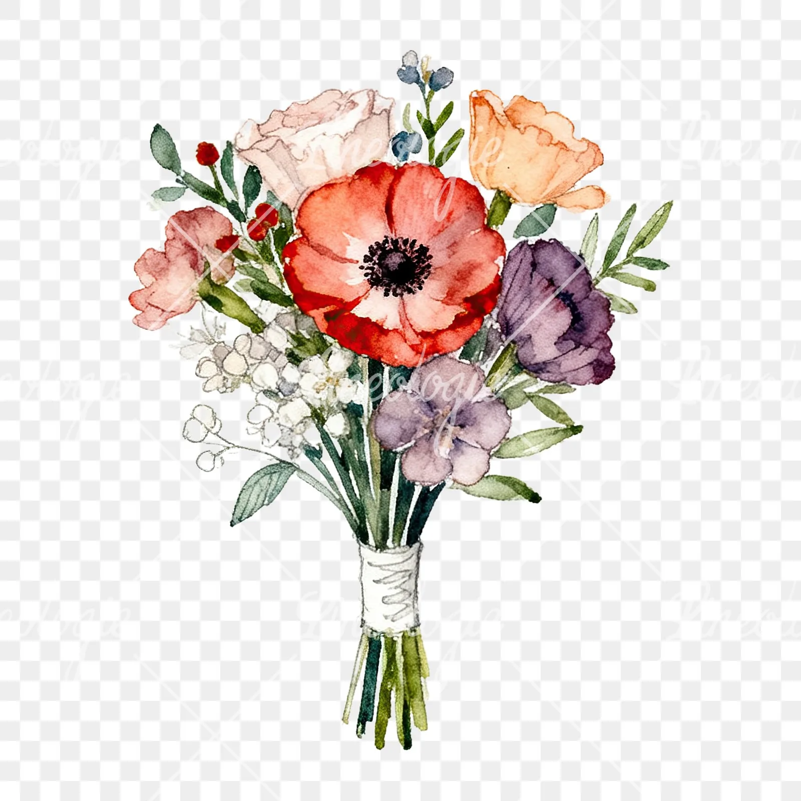 Watercolor blue accent wedding bouquet clipart 7 of 9 on a transparent background (PNG)