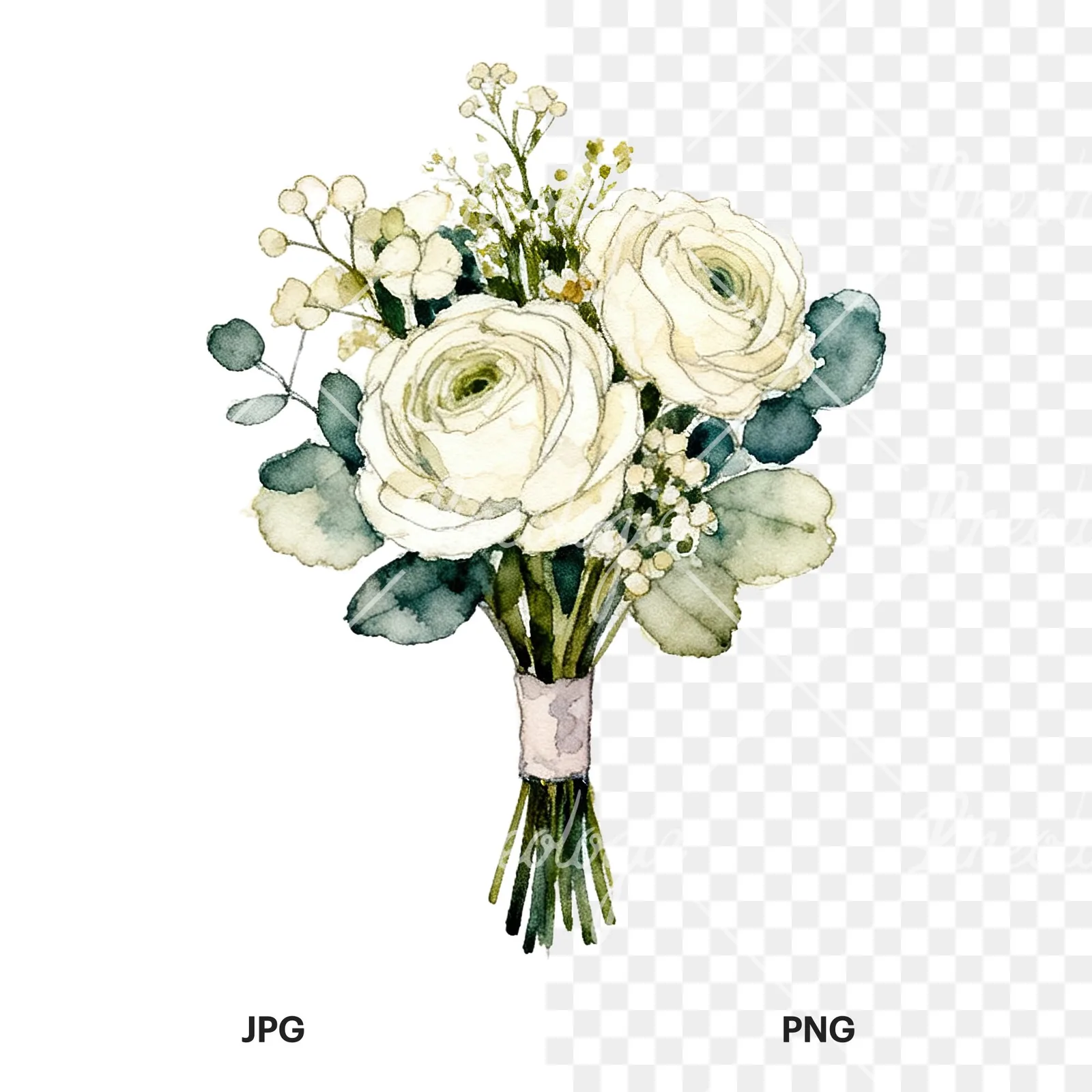 Watercolor blue accent wedding bouquet clipart 8 of 9, as a JPG on white and a transparent PNG