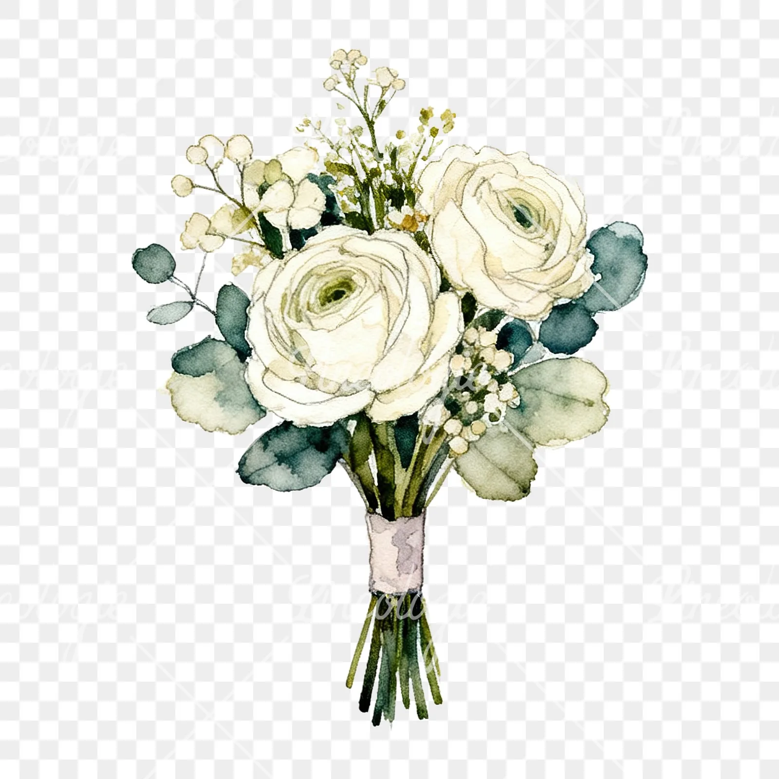 Watercolor blue accent wedding bouquet clipart 8 of 9 on a transparent background (PNG)