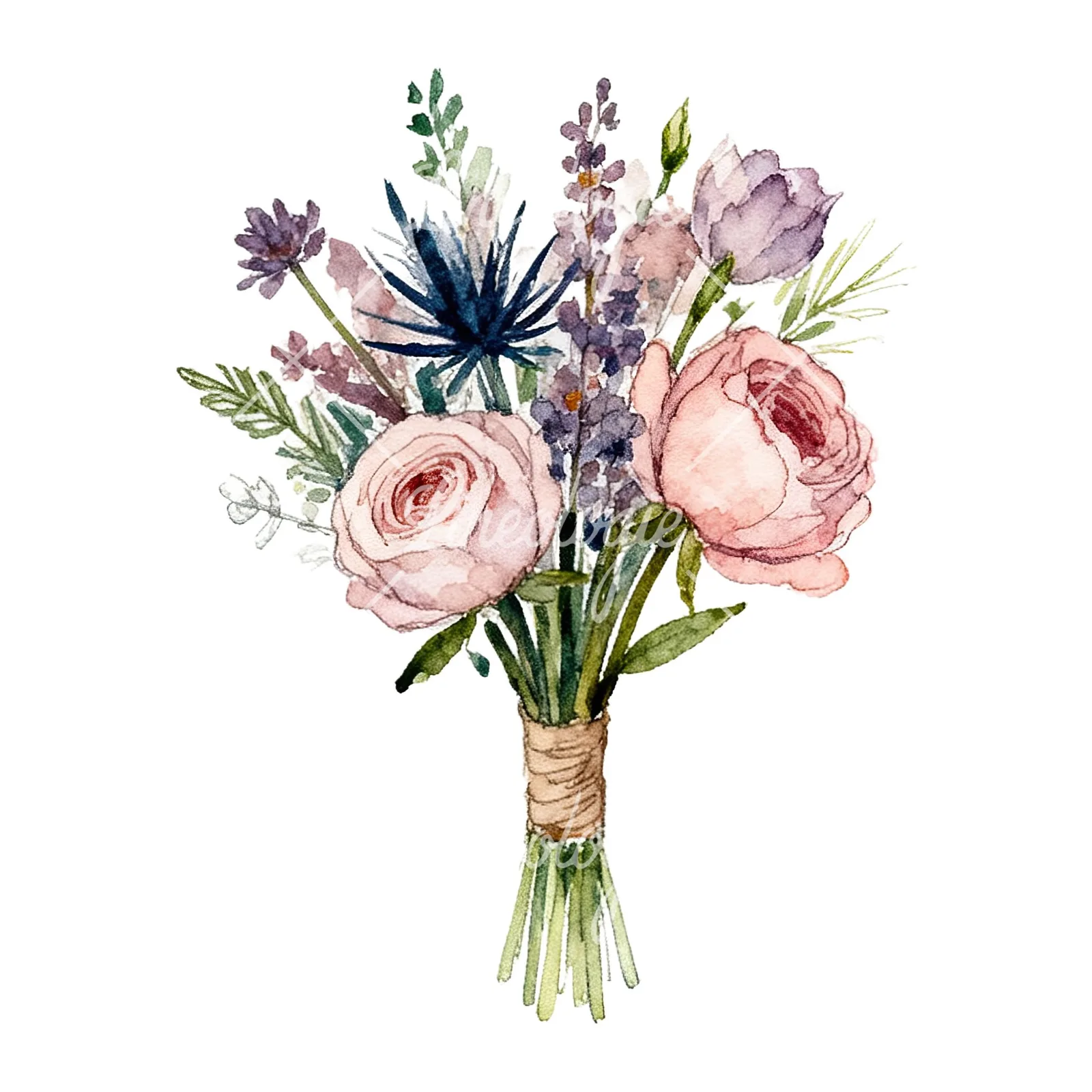 Watercolor blue accent wedding bouquet clipart 9 of 9 on a white background (JPG)