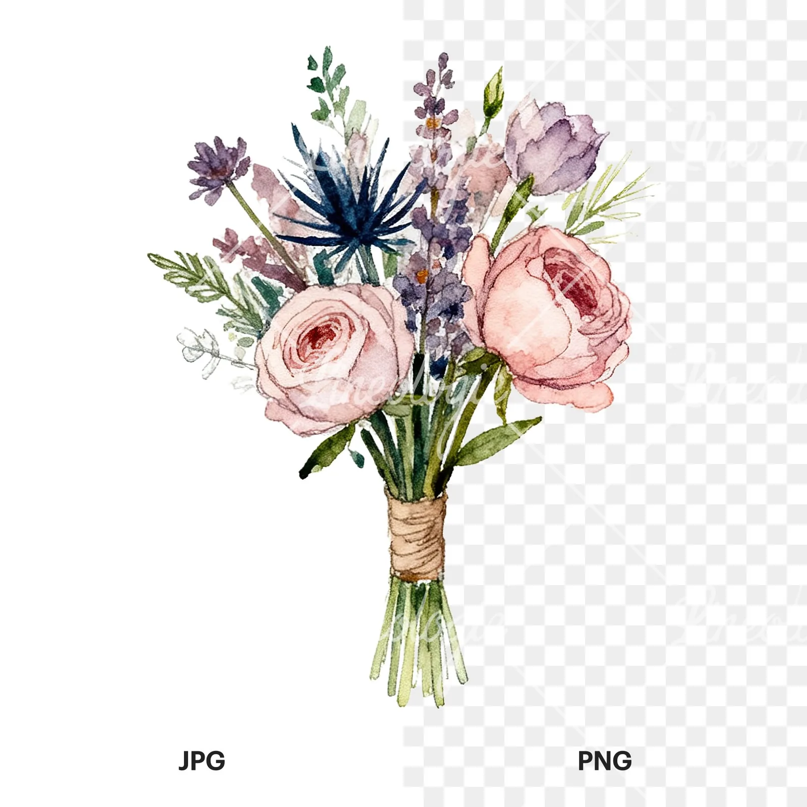 Watercolor blue accent wedding bouquet clipart 9 of 9, as a JPG on white and a transparent PNG