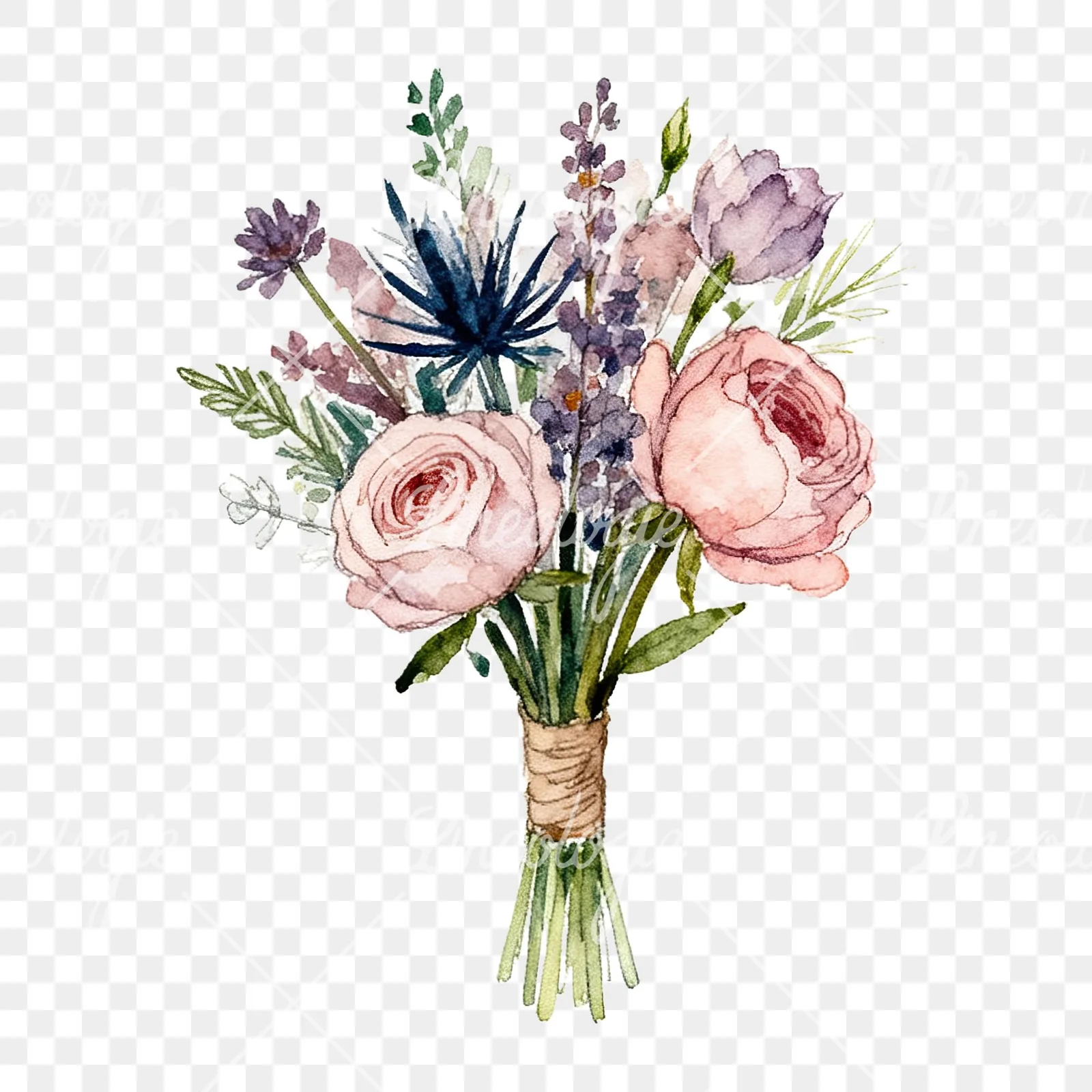 Watercolor blue accent wedding bouquet clipart 9 of 9 on a transparent background (PNG)