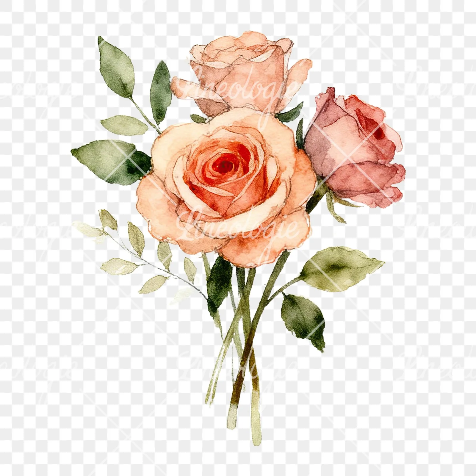 Watercolor wedding rose bouquet clipart 1 of 9 on a transparent background (PNG)