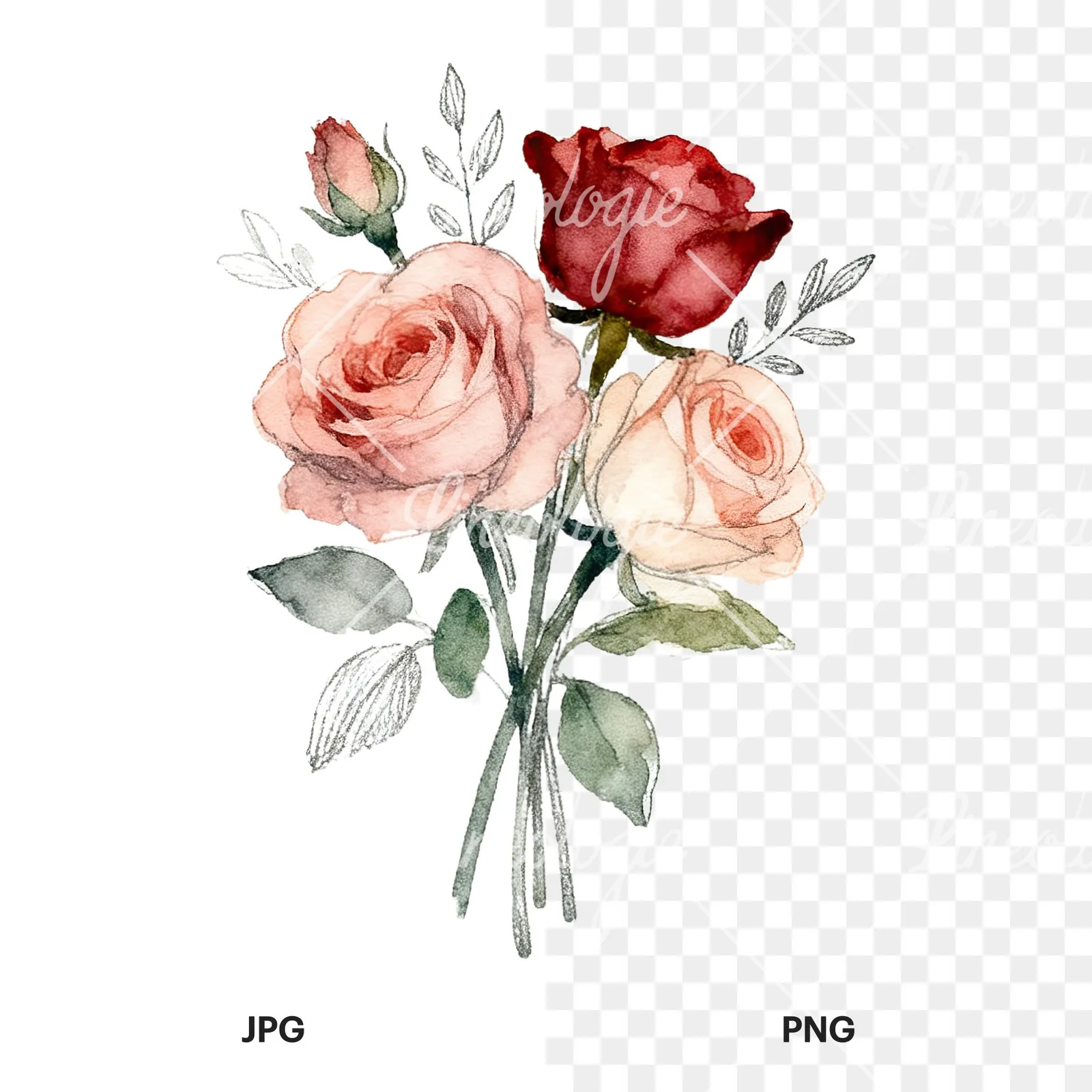 Watercolor wedding rose bouquet clipart 2 of 9, as a JPG on white and a transparent PNG