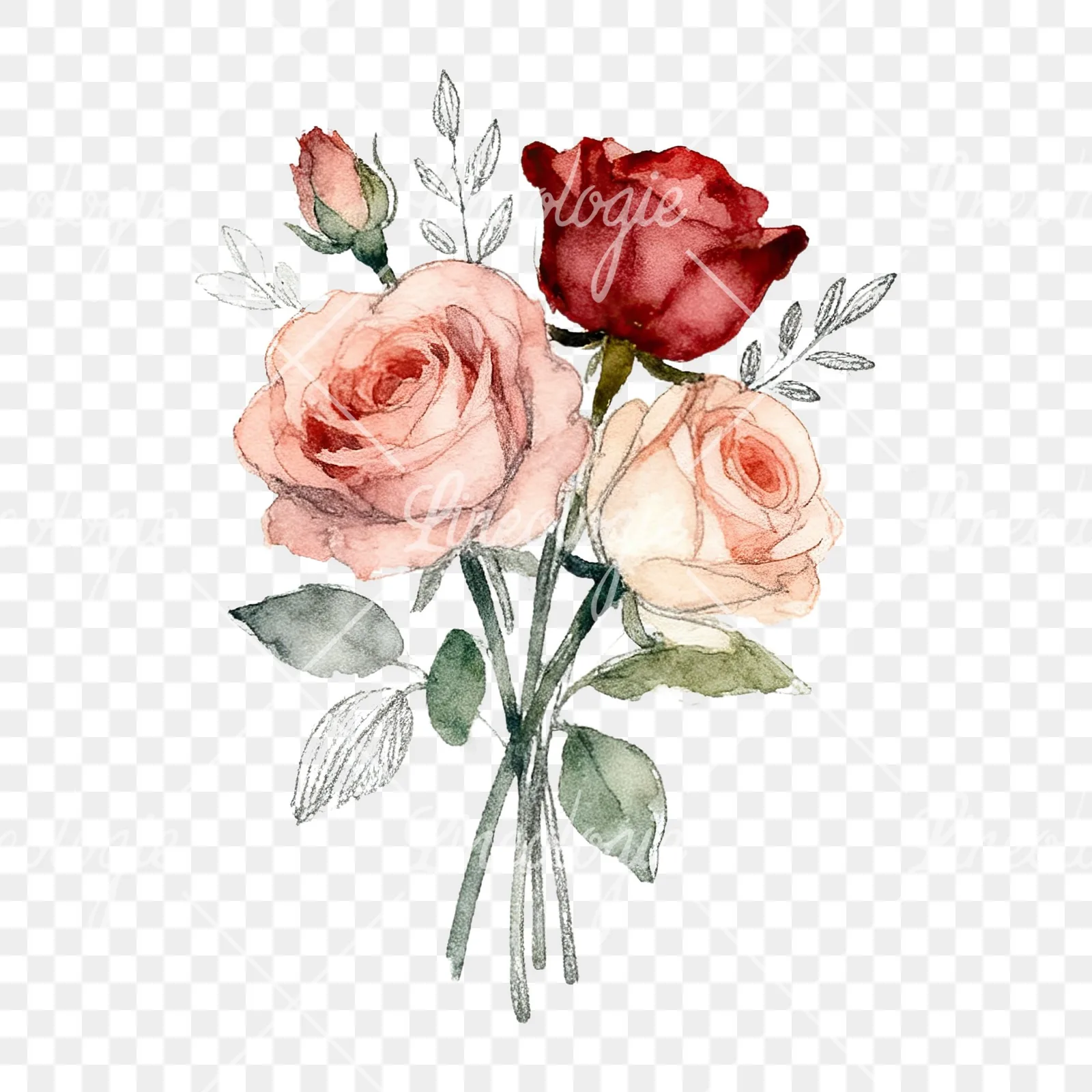Watercolor wedding rose bouquet clipart 2 of 9 on a transparent background (PNG)