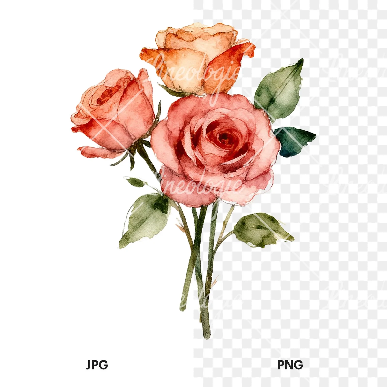 Watercolor wedding rose bouquet clipart 3 of 9, as a JPG on white and a transparent PNG