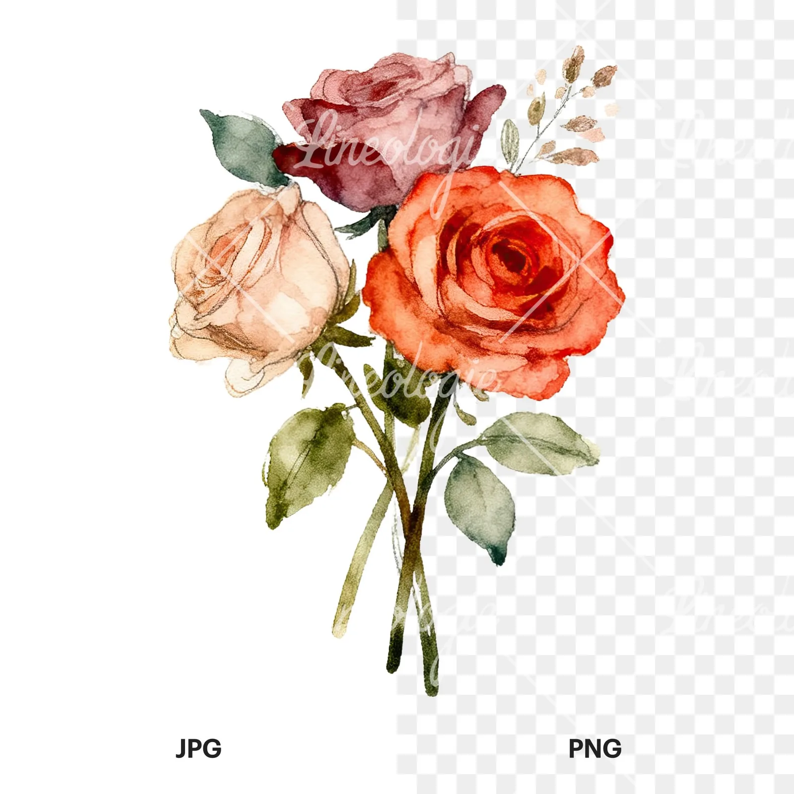 Watercolor wedding rose bouquet clipart 4 of 9, as a JPG on white and a transparent PNG