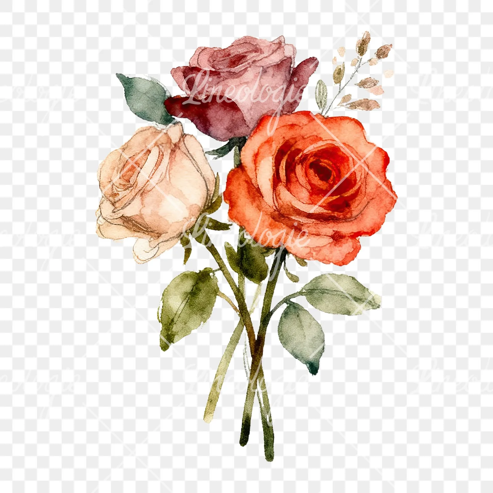 Watercolor wedding rose bouquet clipart 4 of 9 on a transparent background (PNG)