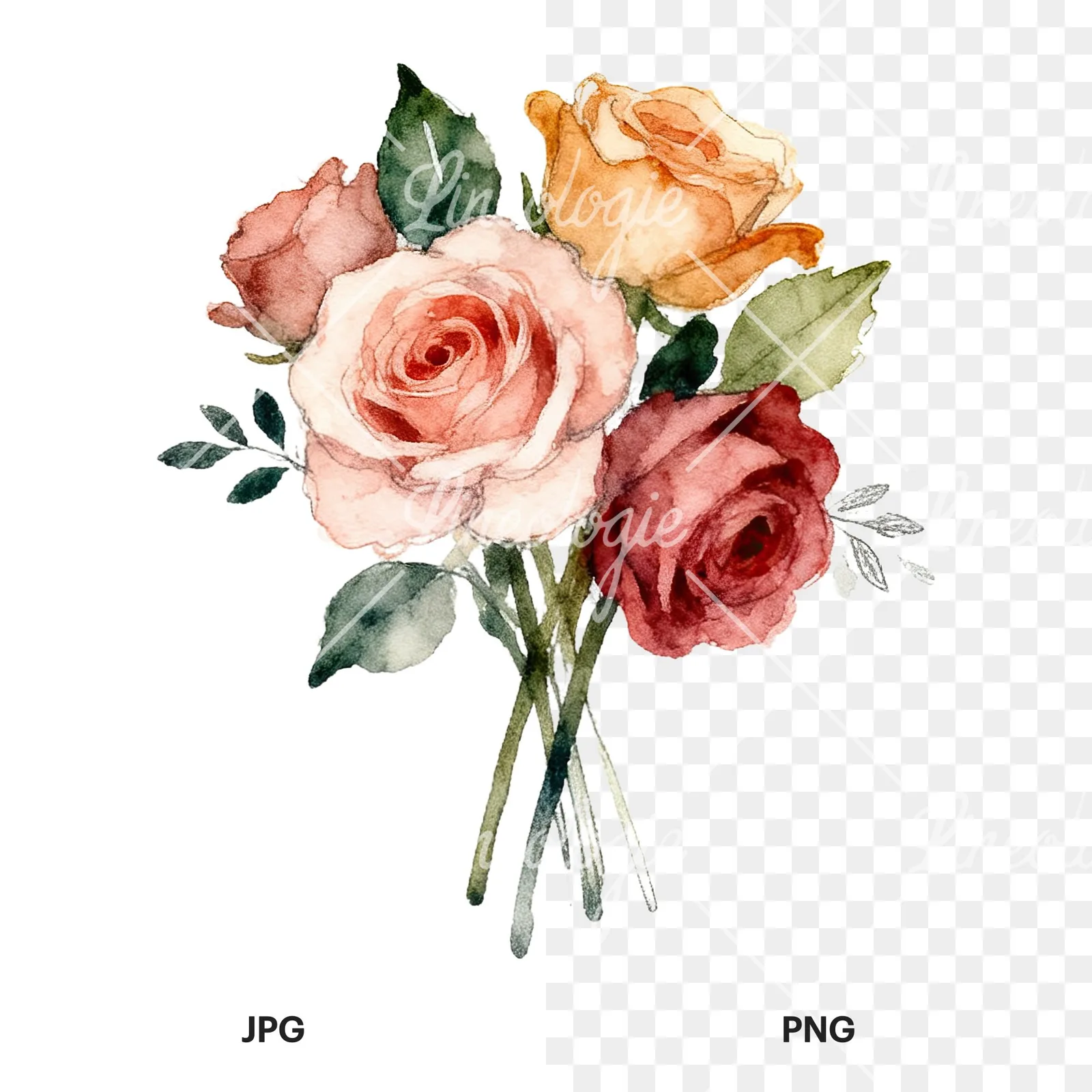 Watercolor wedding rose bouquet clipart 5 of 9, as a JPG on white and a transparent PNG