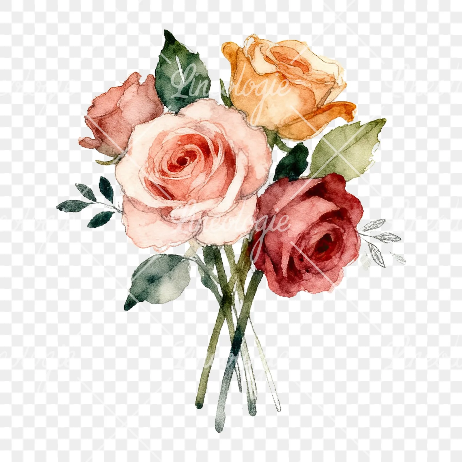 Watercolor wedding rose bouquet clipart 5 of 9 on a transparent background (PNG)