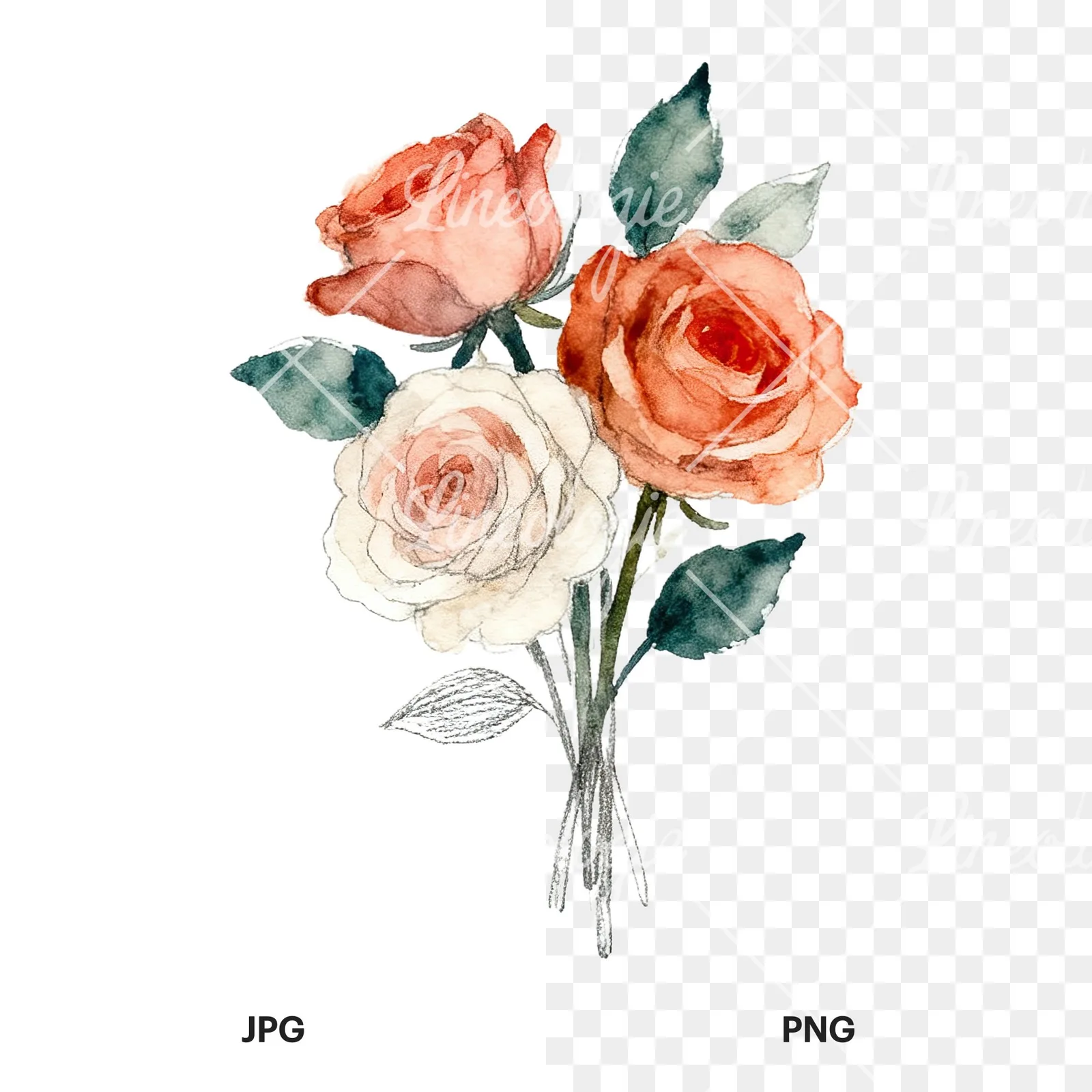 Watercolor wedding rose bouquet clipart 6 of 9, as a JPG on white and a transparent PNG