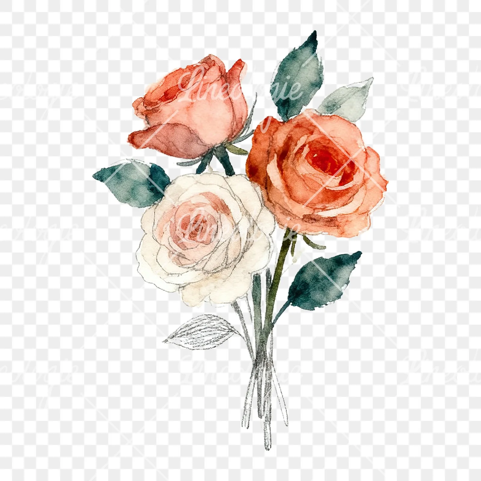 Watercolor wedding rose bouquet clipart 6 of 9 on a transparent background (PNG)