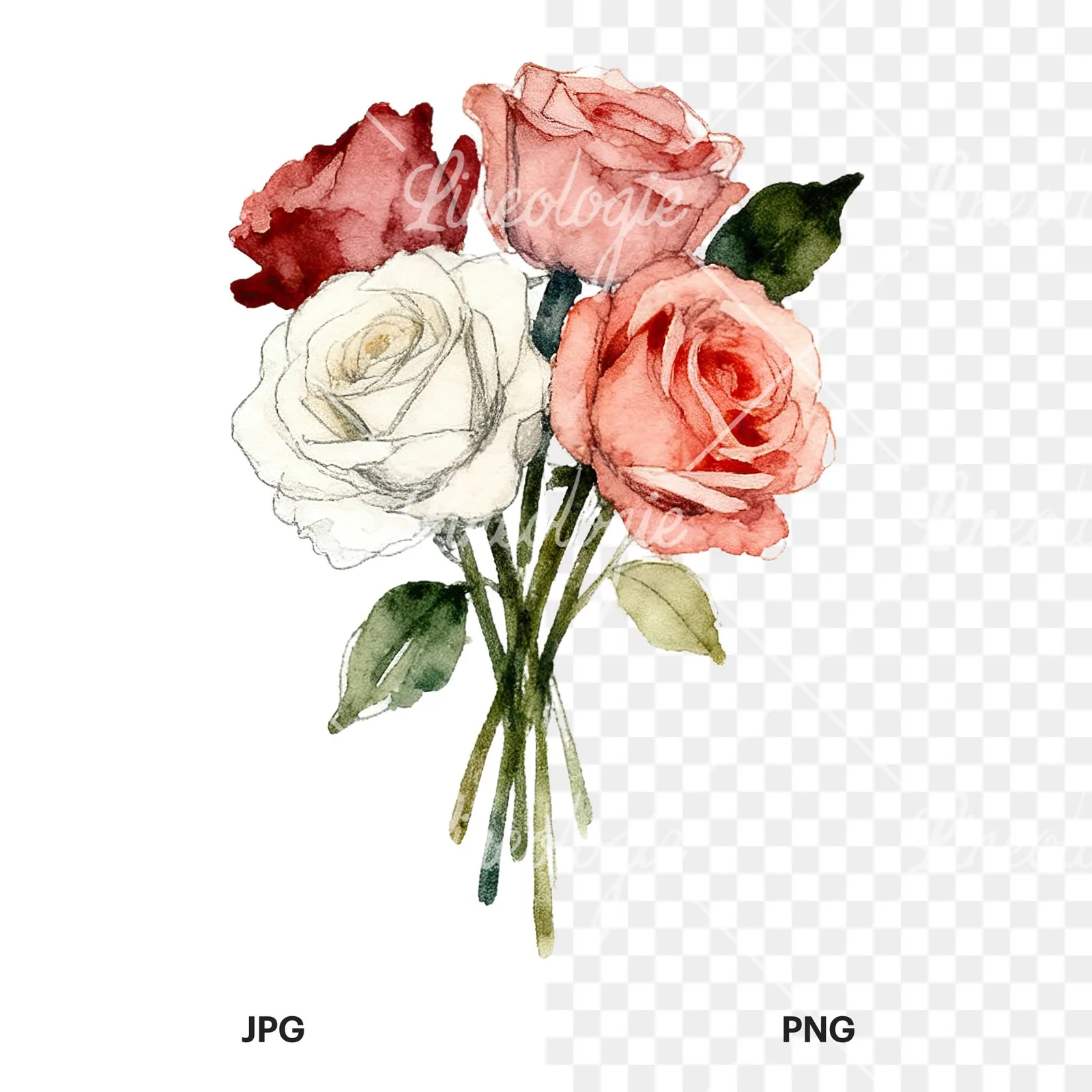 Watercolor wedding rose bouquet clipart 7 of 9, as a JPG on white and a transparent PNG