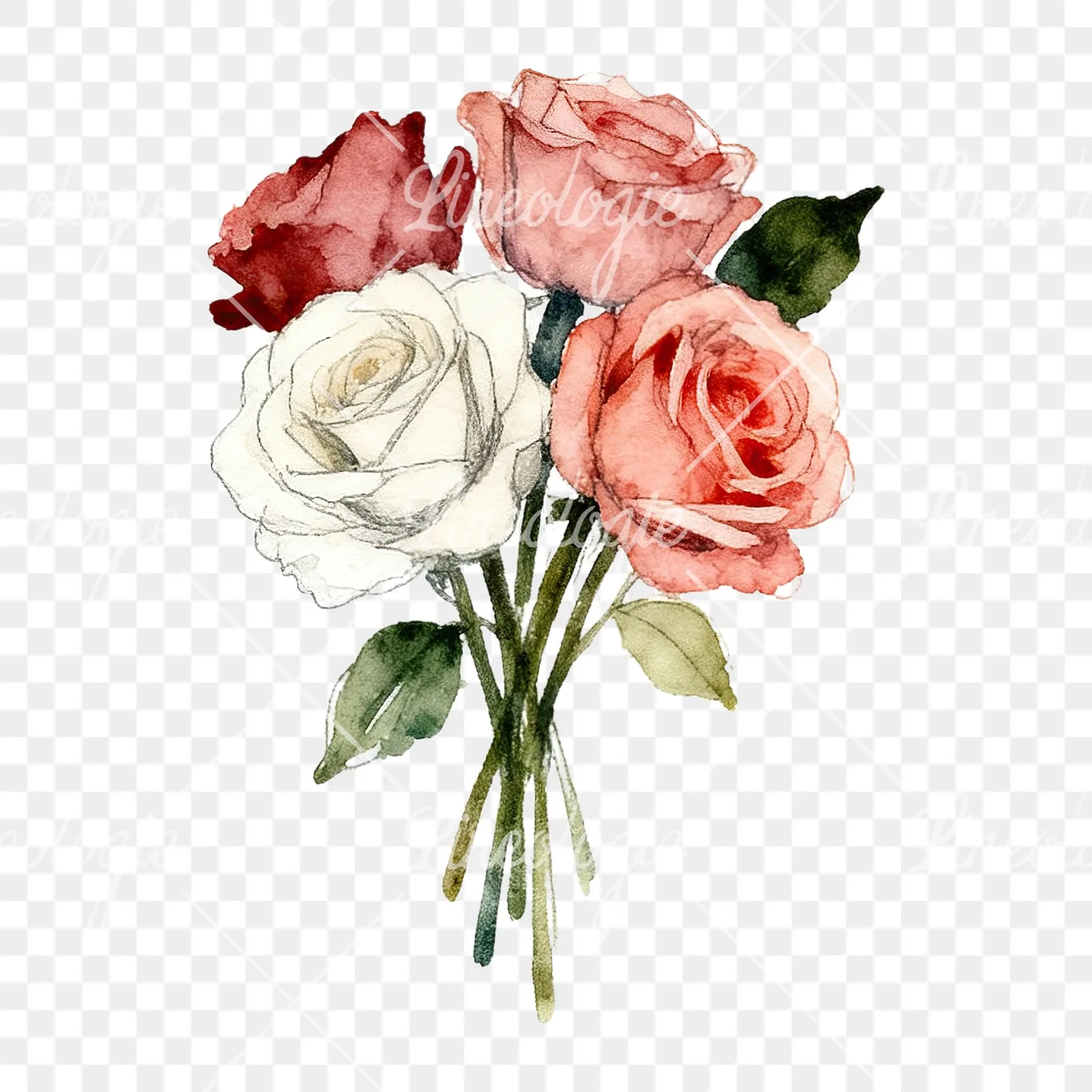 Watercolor wedding rose bouquet clipart 7 of 9 on a transparent background (PNG)