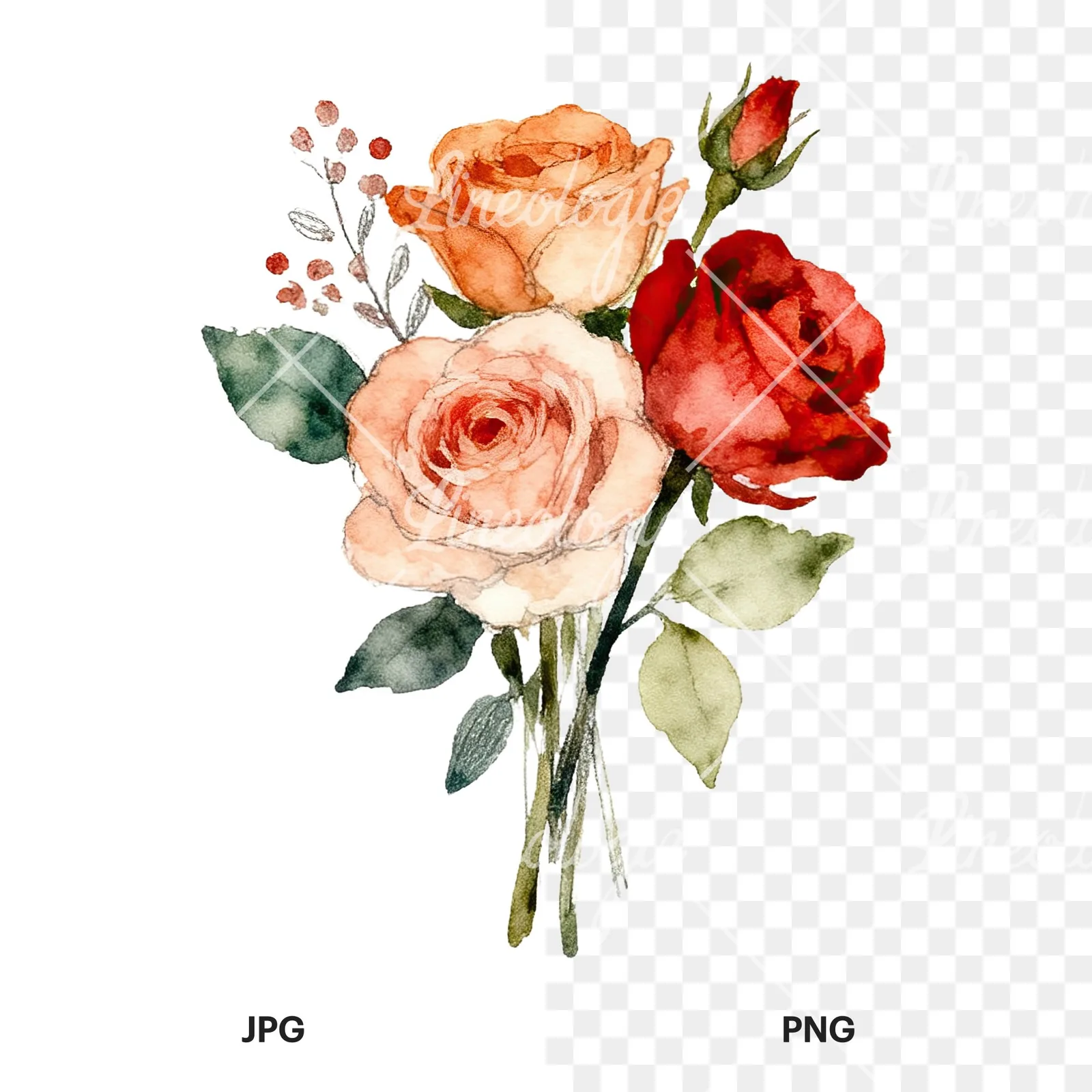 Watercolor wedding rose bouquet clipart 8 of 9, as a JPG on white and a transparent PNG