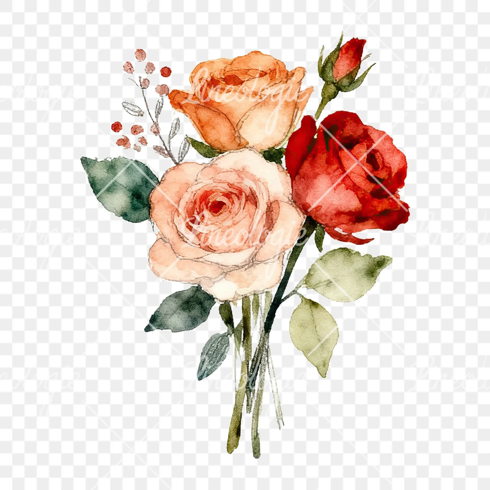 Watercolor wedding rose bouquet clipart 8 of 9 on a transparent background (PNG)