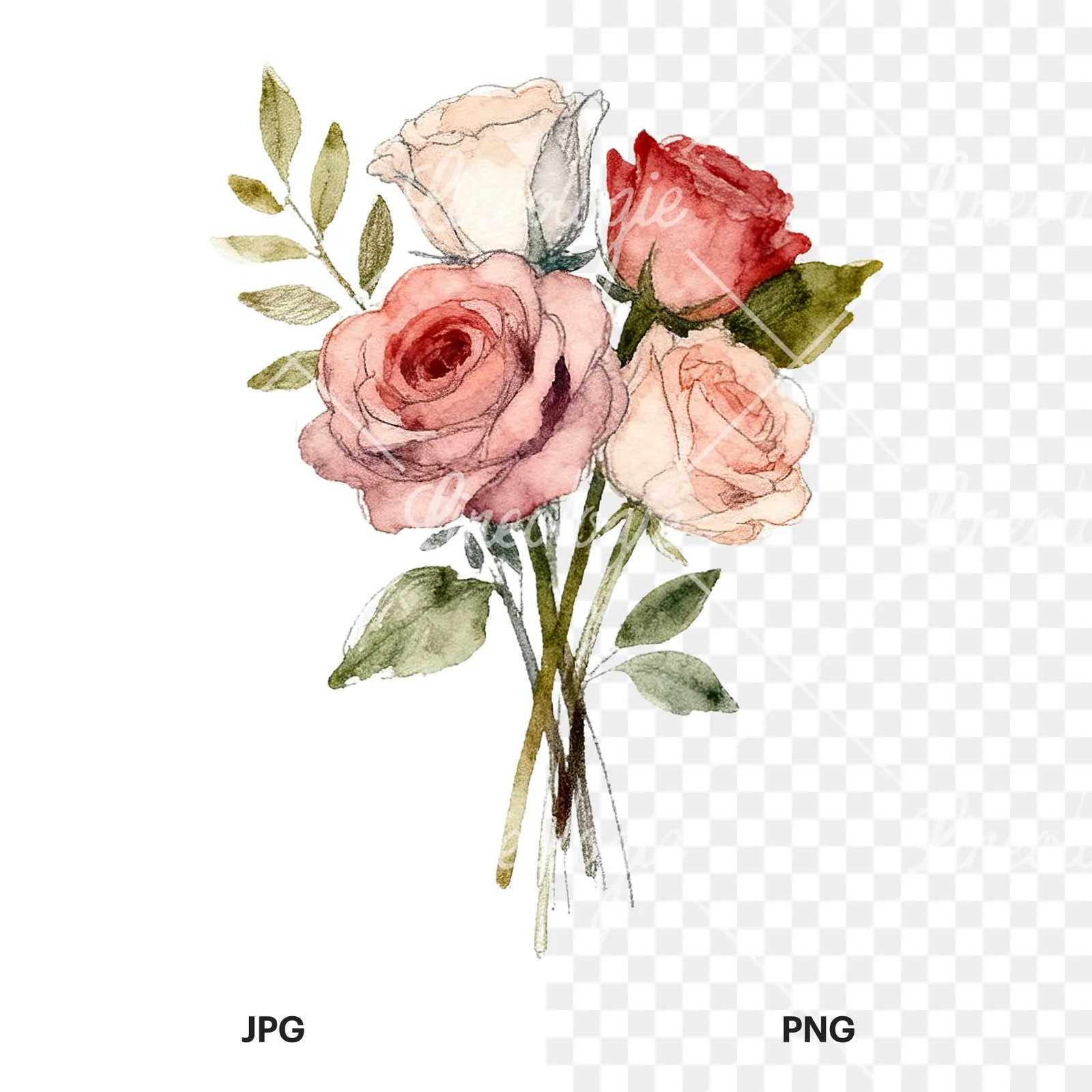 Watercolor wedding rose bouquet clipart 9 of 9, as a JPG on white and a transparent PNG