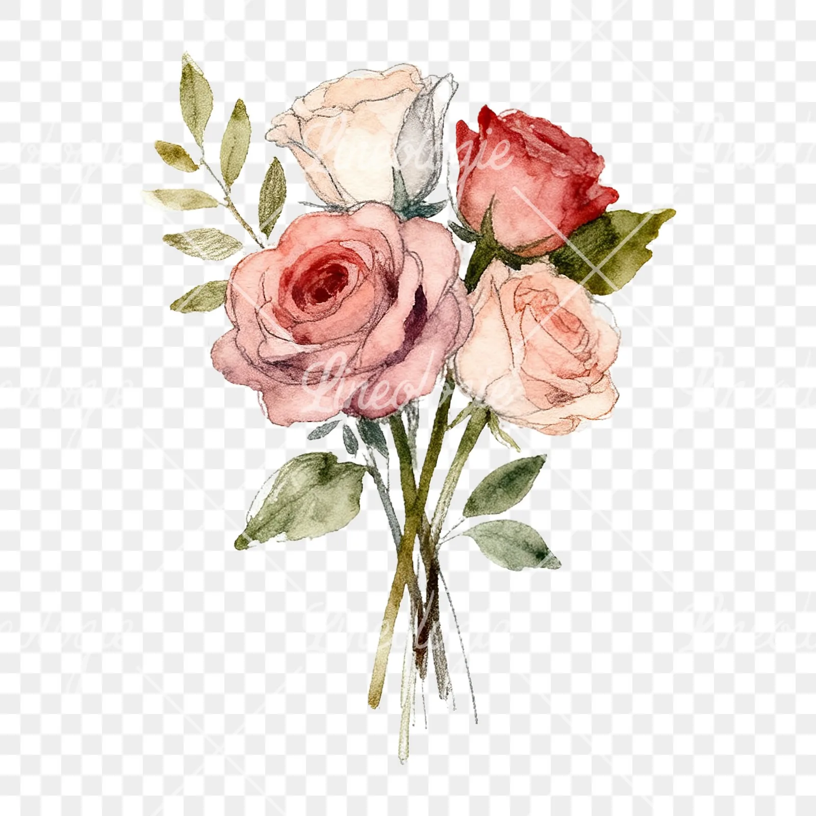 Watercolor wedding rose bouquet clipart 9 of 9 on a transparent background (PNG)