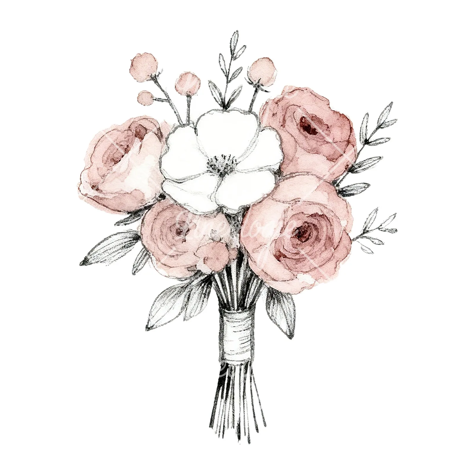 Watercolor white and dusty rose wedding bouquet clipart 1 of 9 on a white background (JPG)