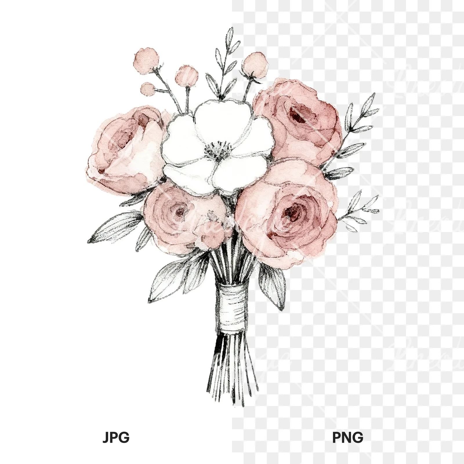 Watercolor white and dusty rose wedding bouquet clipart 1 of 9, as a JPG on white and a transparent PNG