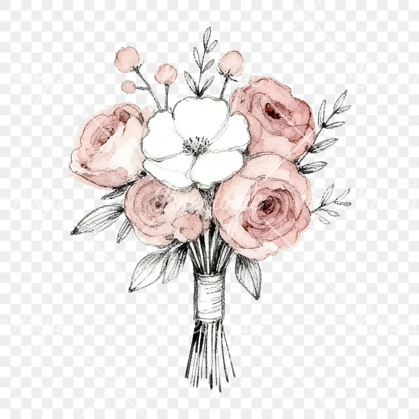 Watercolor white and dusty rose wedding bouquet clipart 1 of 9 on a transparent background (PNG)