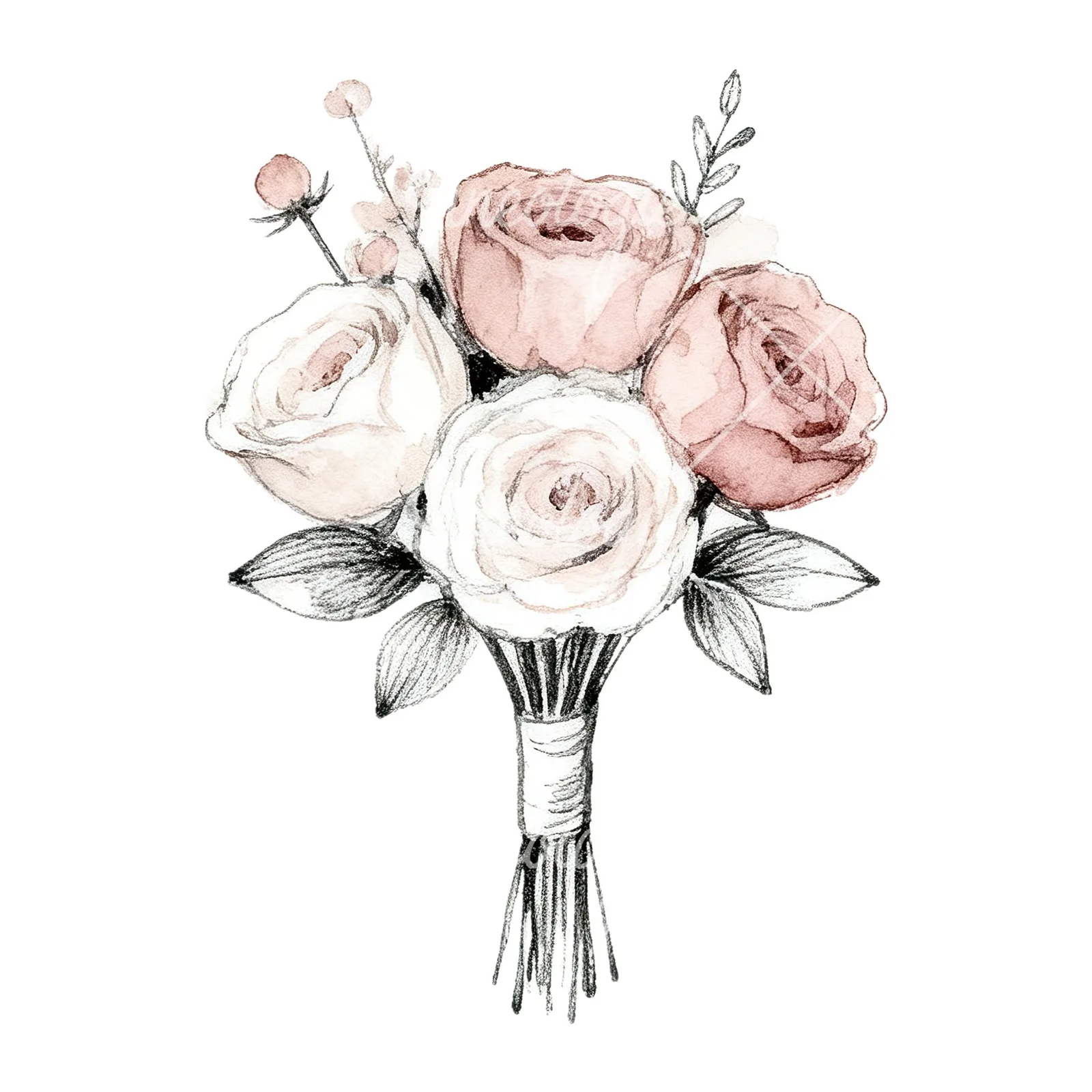 Watercolor white and dusty rose wedding bouquet clipart 3 of 9 on a white background (JPG)