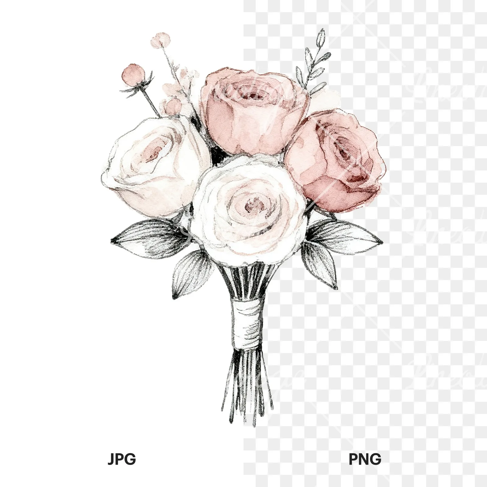 Watercolor white and dusty rose wedding bouquet clipart 3 of 9, as a JPG on white and a transparent PNG