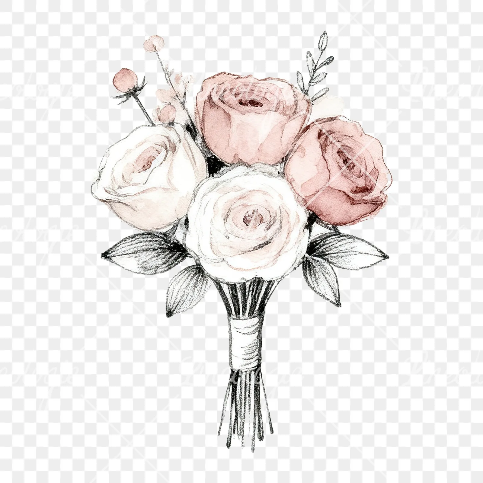 Watercolor white and dusty rose wedding bouquet clipart 3 of 9 on a transparent background (PNG)