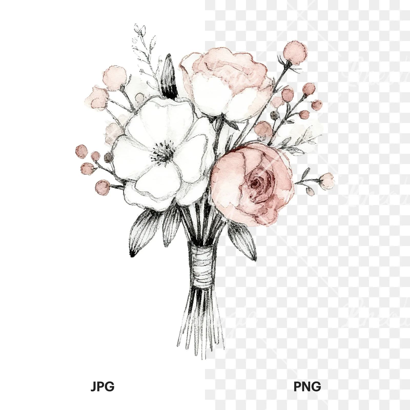 Watercolor white and dusty rose wedding bouquet clipart 4 of 9, as a JPG on white and a transparent PNG