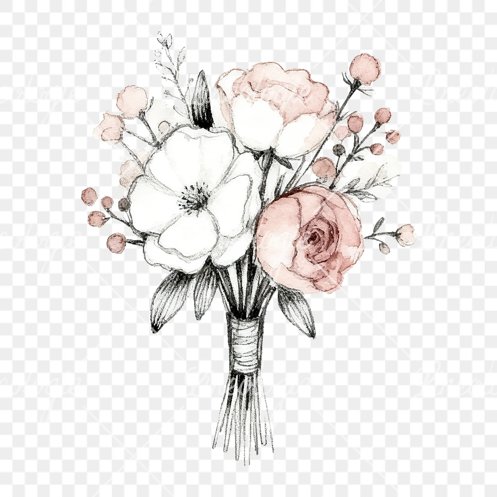 Watercolor white and dusty rose wedding bouquet clipart 4 of 9 on a transparent background (PNG)