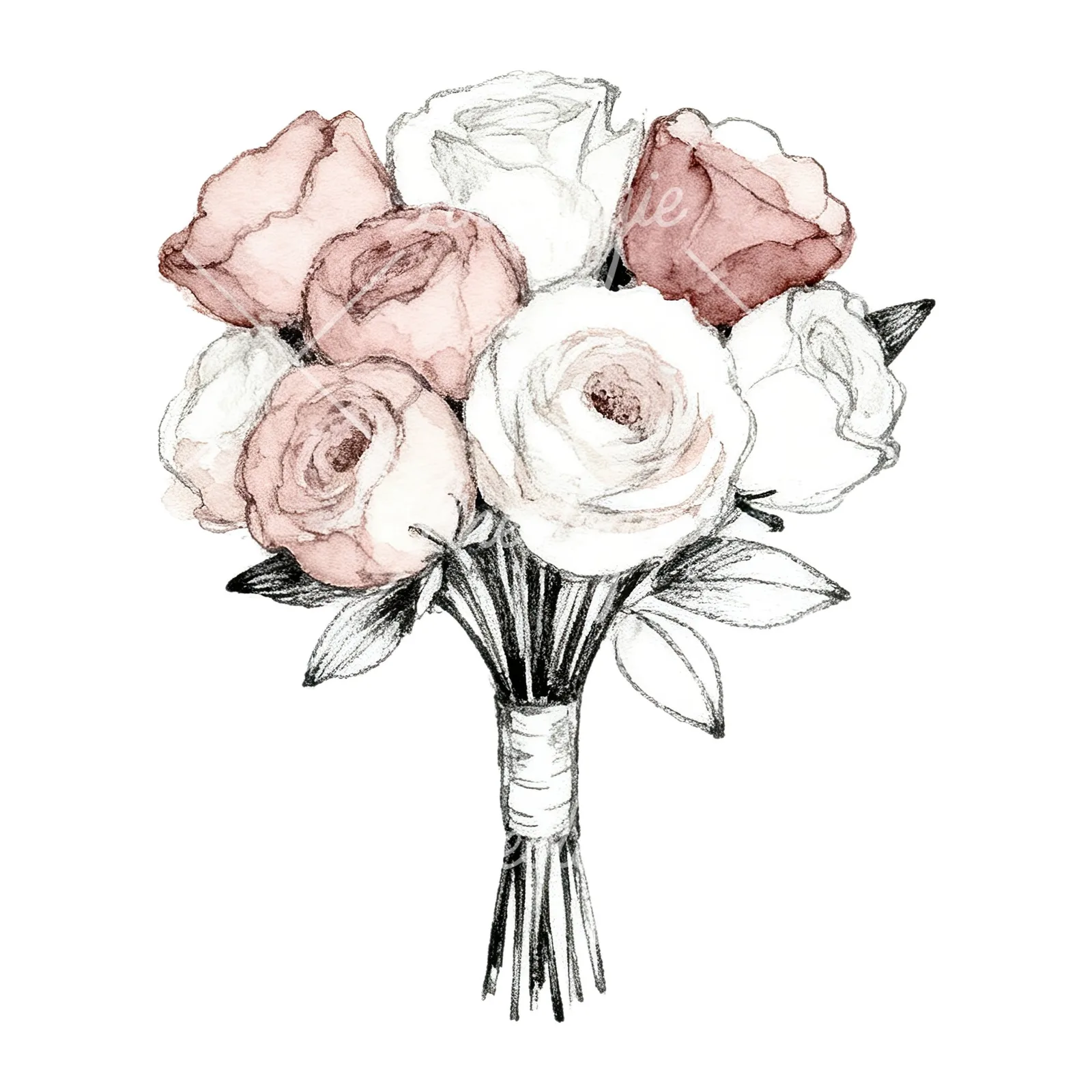 Watercolor white and dusty rose wedding bouquet clipart 5 of 9 on a white background (JPG)