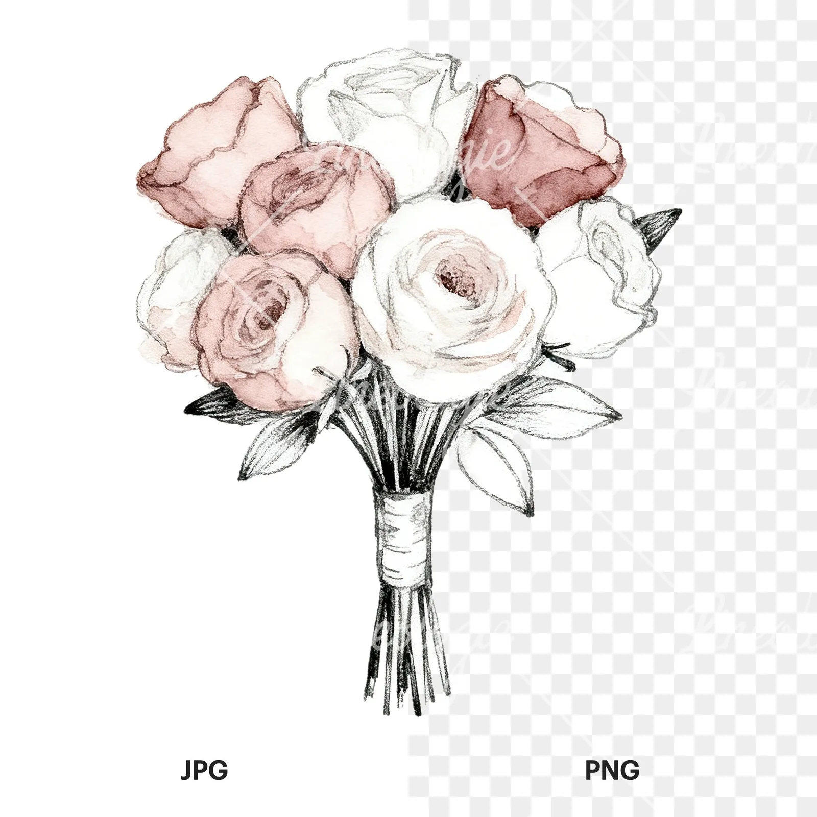 Watercolor white and dusty rose wedding bouquet clipart 5 of 9, as a JPG on white and a transparent PNG