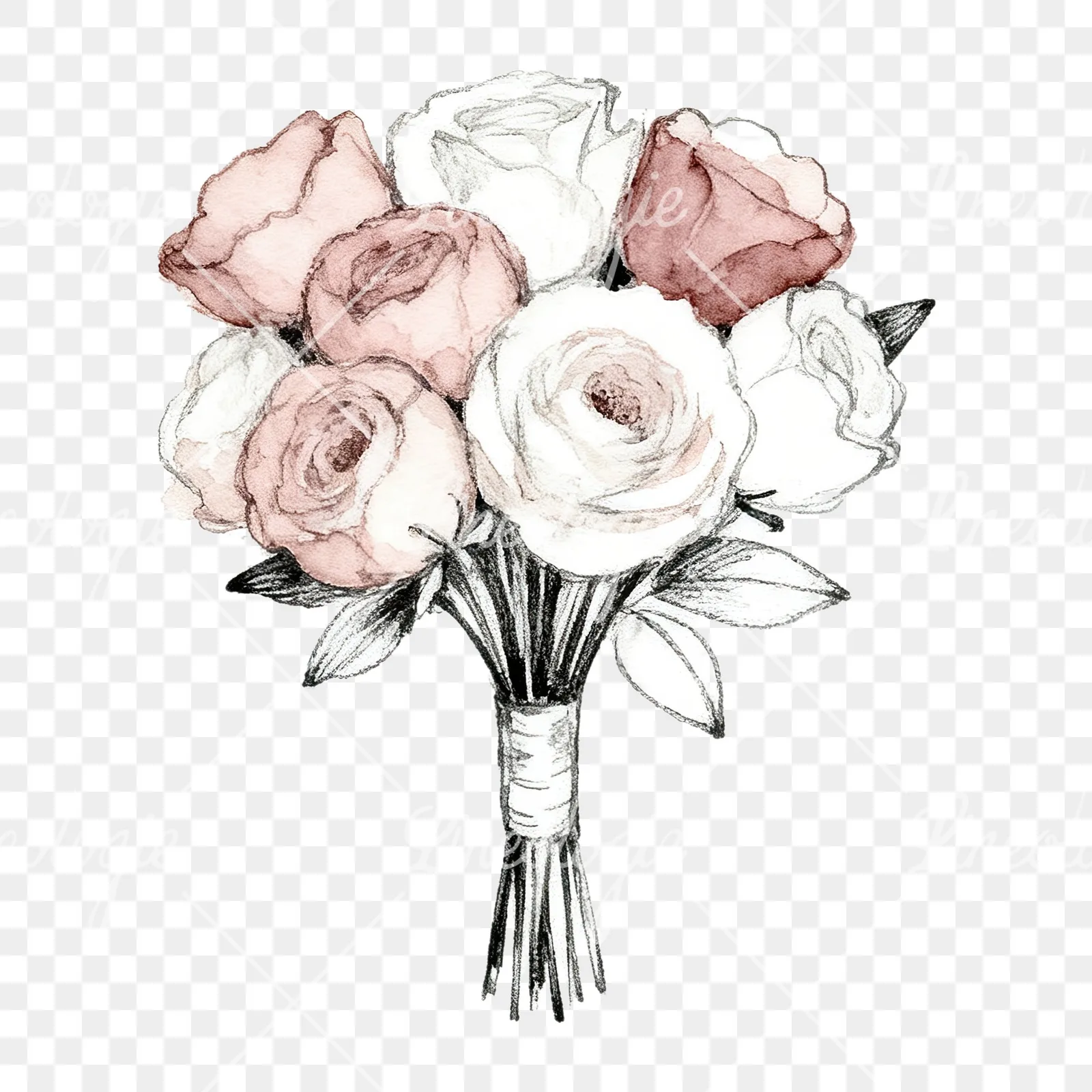 Watercolor white and dusty rose wedding bouquet clipart 5 of 9 on a transparent background (PNG)