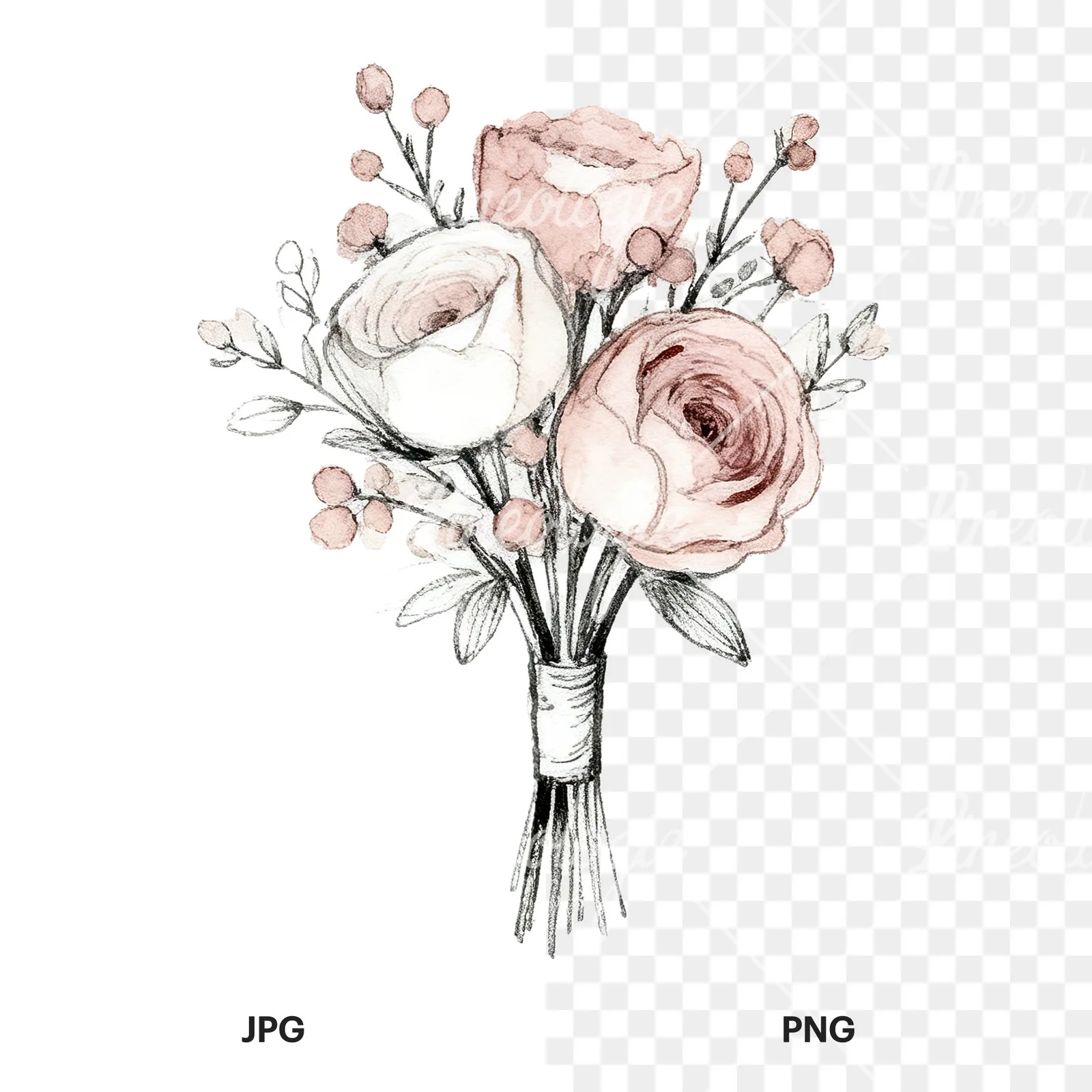 Watercolor white and dusty rose wedding bouquet clipart 6 of 9, as a JPG on white and a transparent PNG