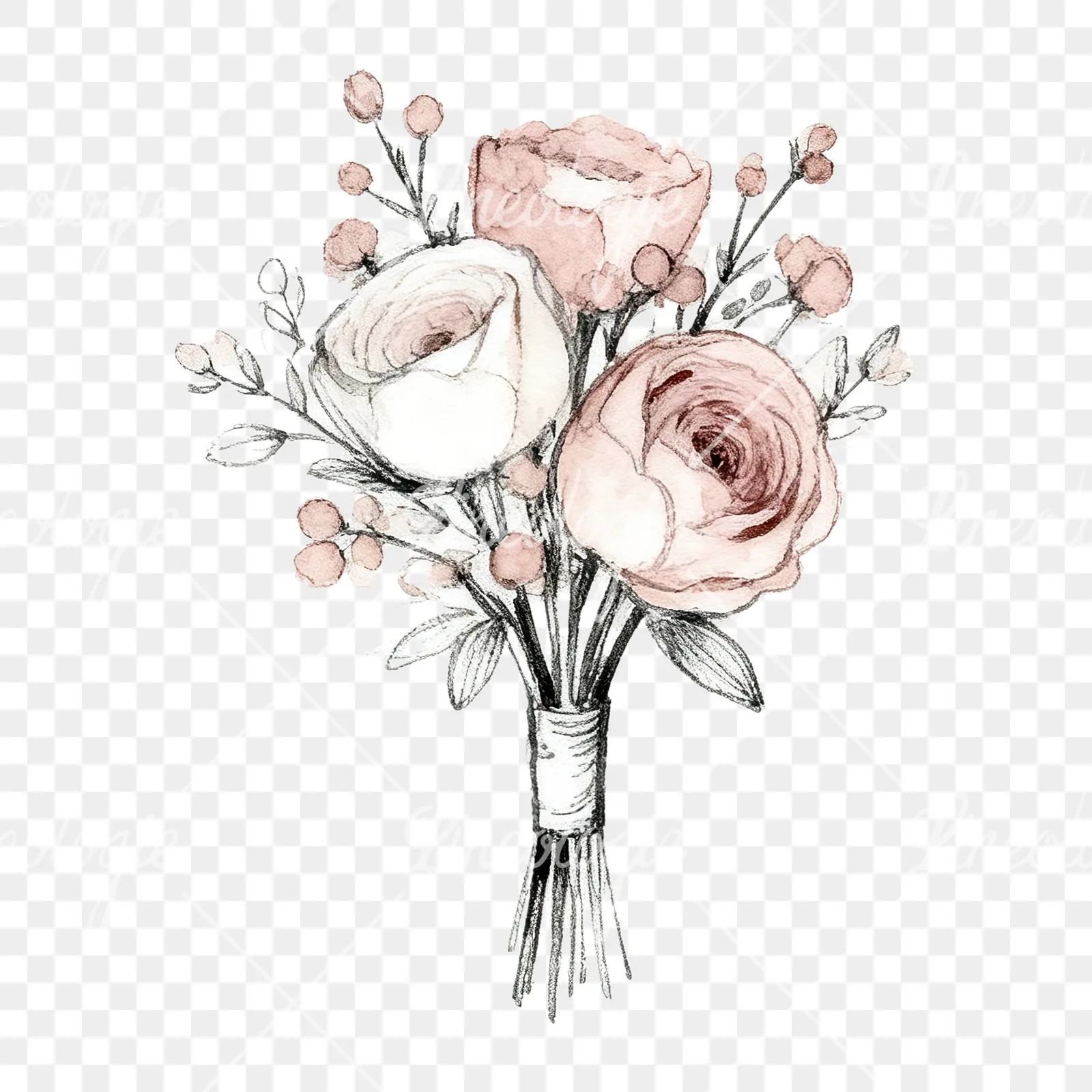 Watercolor white and dusty rose wedding bouquet clipart 6 of 9 on a transparent background (PNG)