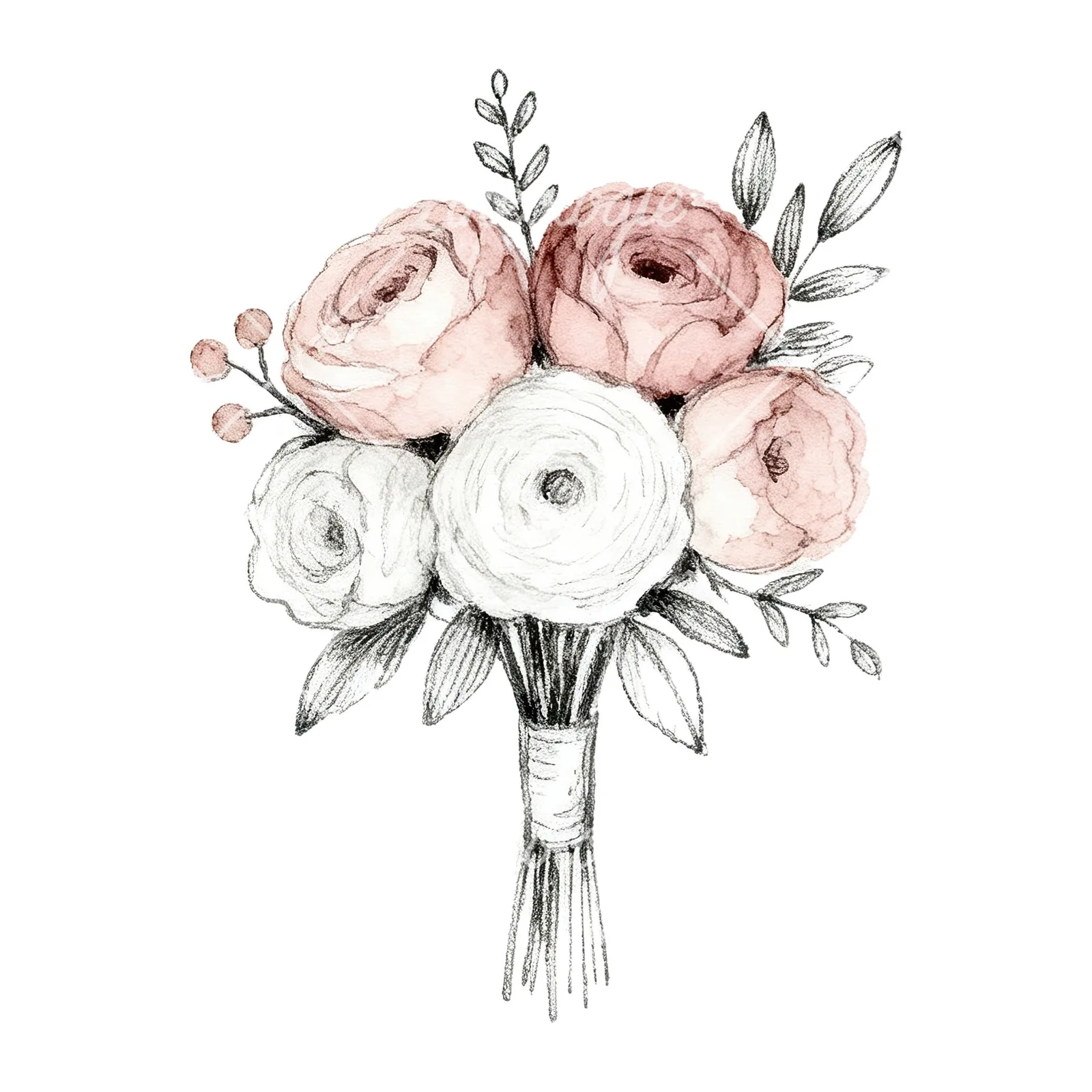 Watercolor white and dusty rose wedding bouquet clipart 7 of 9 on a white background (JPG)