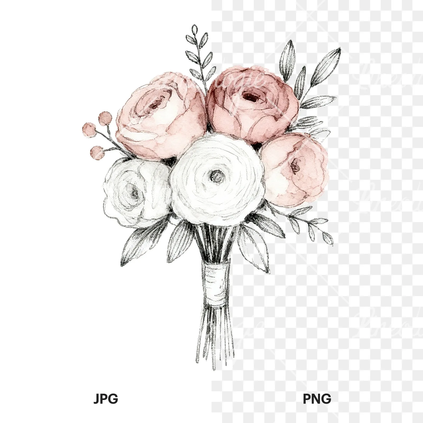 Watercolor white and dusty rose wedding bouquet clipart 7 of 9, as a JPG on white and a transparent PNG