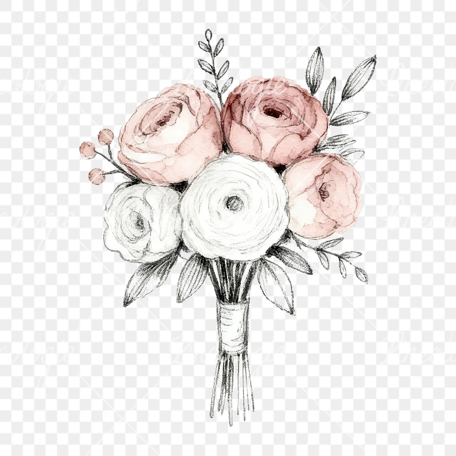 Watercolor white and dusty rose wedding bouquet clipart 7 of 9 on a transparent background (PNG)