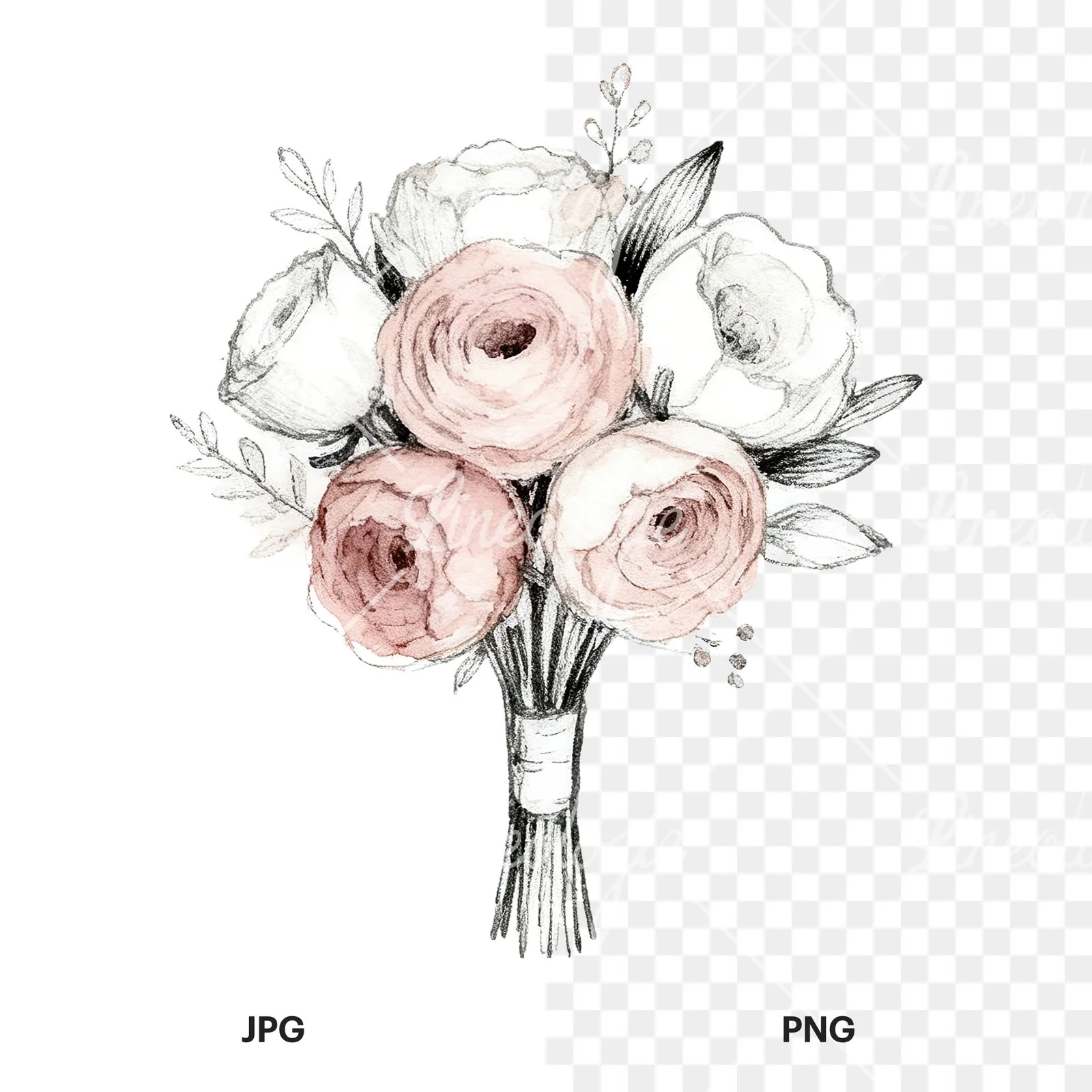 Watercolor white and dusty rose wedding bouquet clipart 8 of 9, as a JPG on white and a transparent PNG