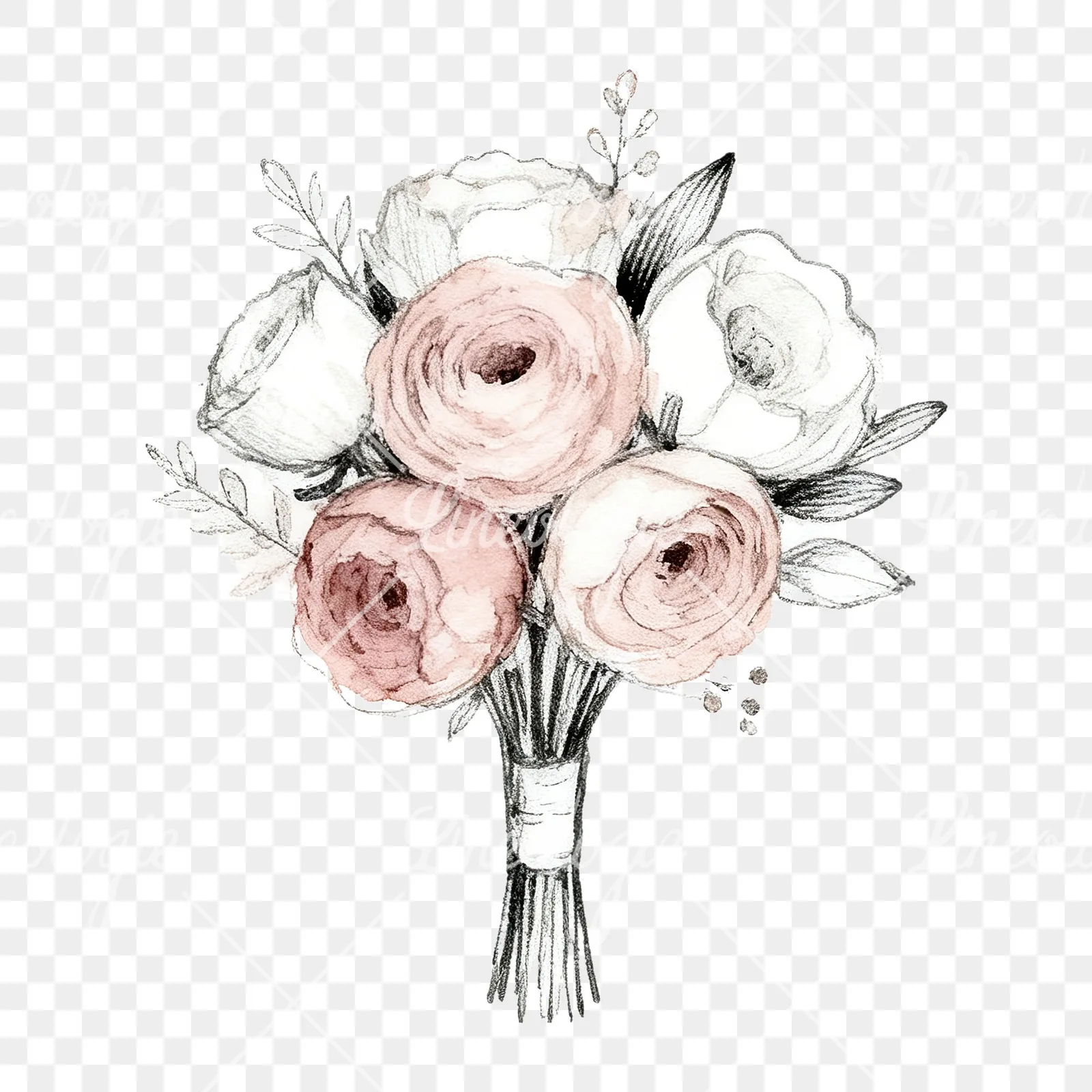 Watercolor white and dusty rose wedding bouquet clipart 8 of 9 on a transparent background (PNG)